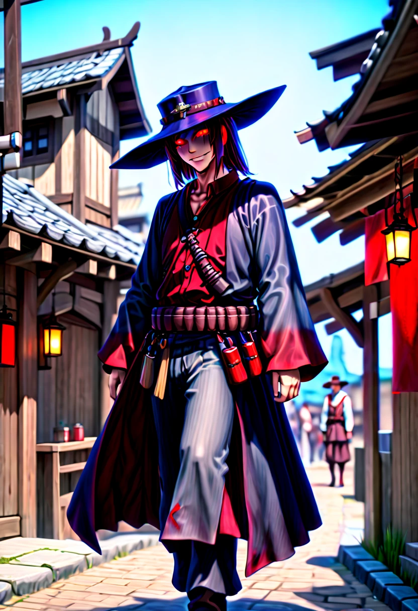 caleb,anime artwork,tokyo street,hat,red glowing eyes,style,extremely detailed,full body,hdr,vivid colors,ultra-fine painting,physically-based rendering,8k, super detail, ccurate, best quality, best quality, high quality, super detail, anatomically correct, retina, UHD, masterpiece, ccurate, textured skin, high details, award winning, highres, 1080P, HD,drop shadow, anaglyph, stereogram, tachi-e, pov, atmospheric perspective, 8k, super detail, ccurate, best quality, background medieval western village