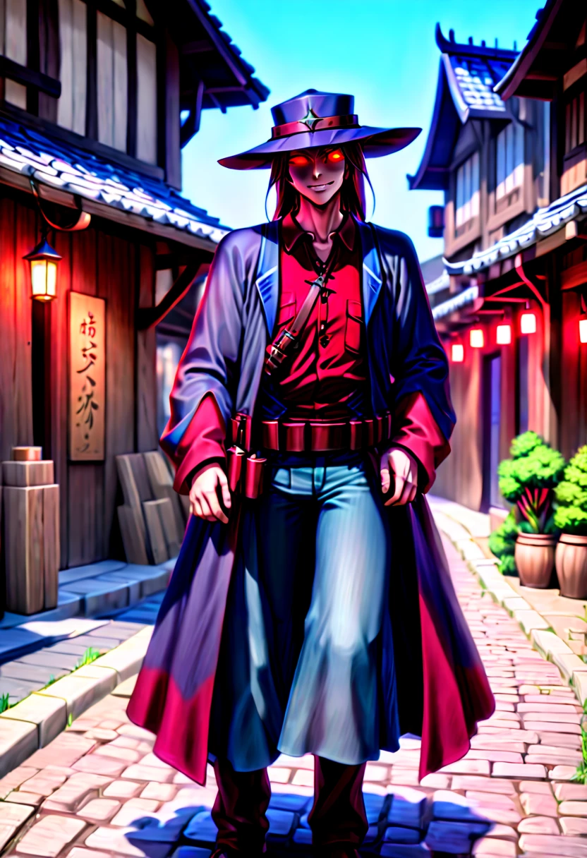 caleb,anime artwork,tokyo street,hat,red glowing eyes,style,extremely detailed,full body,hdr,vivid colors,ultra-fine painting,physically-based rendering,8k, super detail, ccurate, best quality, best quality, high quality, super detail, anatomically correct, retina, UHD, masterpiece, ccurate, textured skin, high details, award winning, highres, 1080P, HD,drop shadow, anaglyph, stereogram, tachi-e, pov, atmospheric perspective, 8k, super detail, ccurate, best quality, background medieval western village