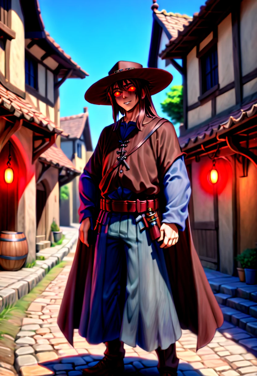 caleb,anime artwork, street,hat,red glowing eyes,ghibli style,extremely detailed,martial pose,full body,hdr,vivid colors,ultra-fine painting,physically-based rendering,8k, super detail, ccurate, best quality, best quality, high quality, super detail, anatomically correct, retina, UHD, masterpiece, ccurate, textured skin, high details, award winning, highres, 1080P, HD,drop shadow, anaglyph, stereogram, tachi-e, pov, atmospheric perspective, 8k, super detail, ccurate, best quality, background medieval western village