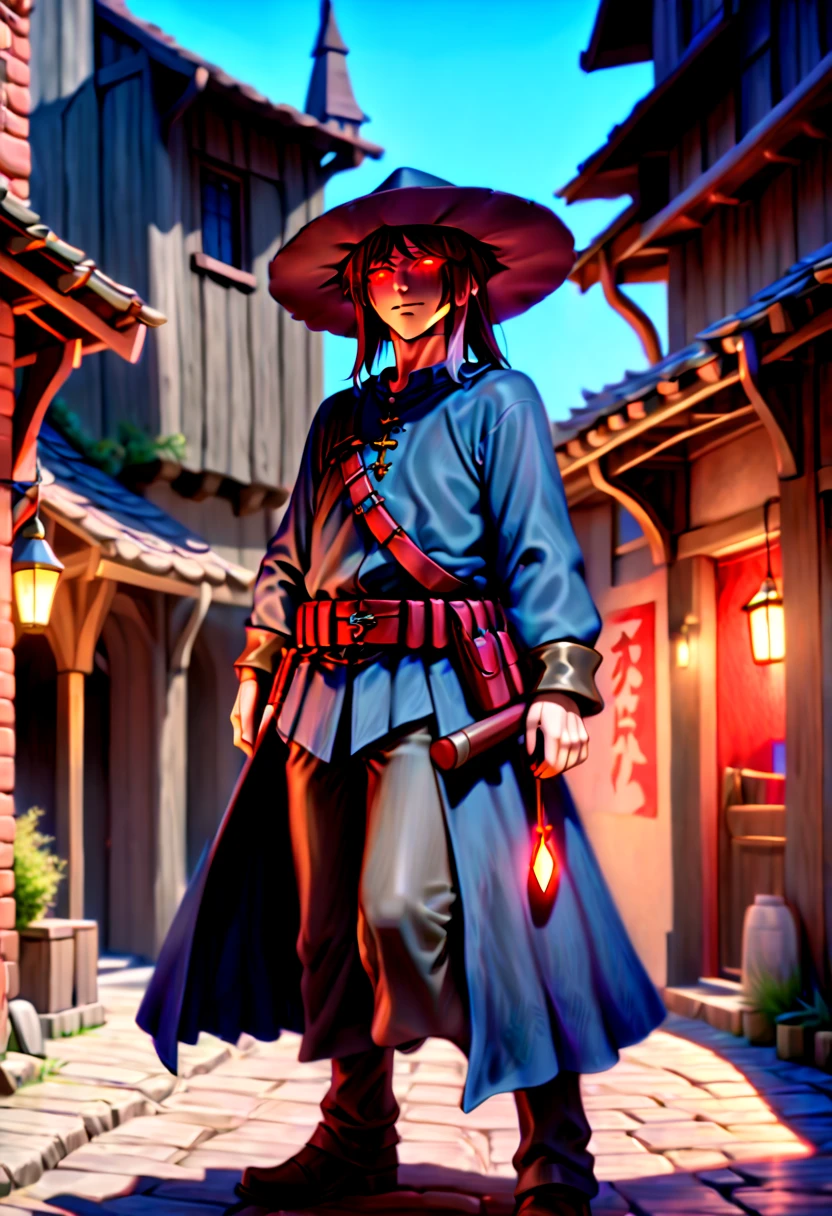 caleb,anime artwork, street,hat,red glowing eyes,ghibli style,extremely detailed,martial pose,full body,hdr,vivid colors,ultra-fine painting,physically-based rendering,8k, super detail, ccurate, best quality, best quality, high quality, super detail, anatomically correct, retina, UHD, masterpiece, ccurate, textured skin, high details, award winning, highres, 1080P, HD,drop shadow, anaglyph, stereogram, tachi-e, pov, atmospheric perspective, 8k, super detail, ccurate, best quality, background medieval western village