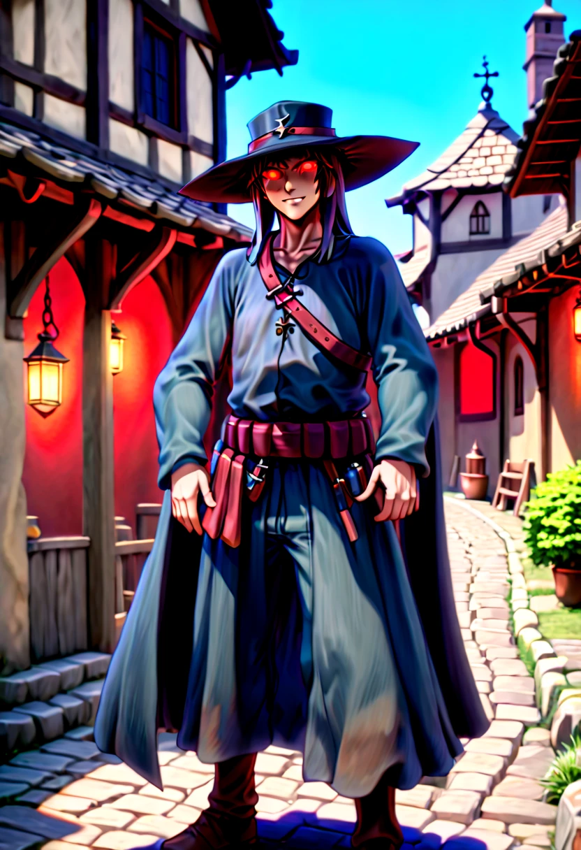 caleb,anime artwork, street,hat,red glowing eyes,ghibli style,extremely detailed,martial pose,full body,hdr,vivid colors,ultra-fine painting,physically-based rendering,8k, super detail, ccurate, best quality, best quality, high quality, super detail, anatomically correct, retina, UHD, masterpiece, ccurate, textured skin, high details, award winning, highres, 1080P, HD,drop shadow, anaglyph, stereogram, tachi-e, pov, atmospheric perspective, 8k, super detail, ccurate, best quality, background medieval western village