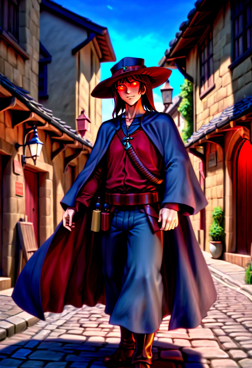 caleb,anime artwork,london street,hat,red glowing eyes,ghibli style,extremely detailed,martial pose,full body,hdr,vivid colors,ultra-fine painting,physically-based rendering,8k, super detail, ccurate, best quality, best quality, high quality, super detail, anatomically correct, retina, UHD, masterpiece, ccurate, textured skin, high details, award winning, highres, 1080P, HD,drop shadow, anaglyph, stereogram, tachi-e, pov, atmospheric perspective, 8k, super detail, ccurate, best quality, background medieval western village