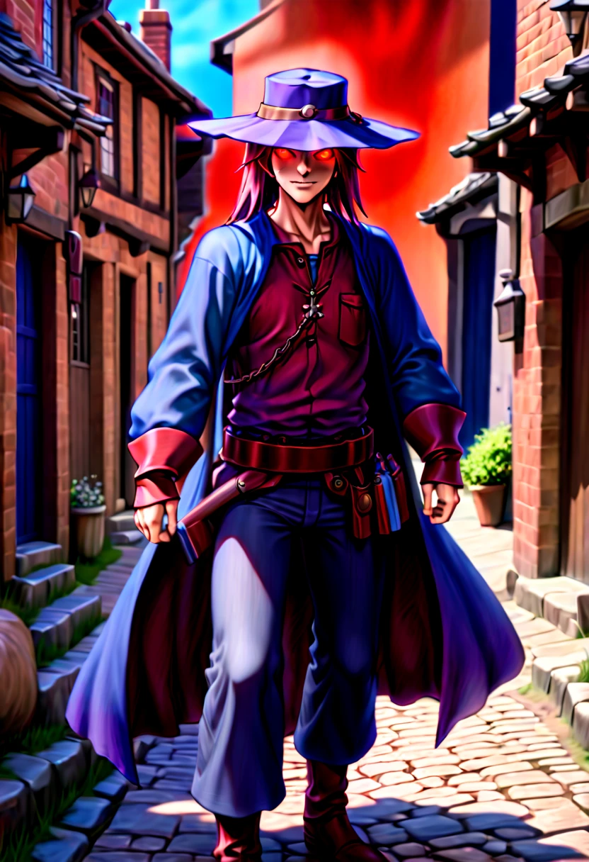 caleb,anime artwork,london street,hat,red glowing eyes,ghibli style,extremely detailed,martial pose,full body,hdr,vivid colors,ultra-fine painting,physically-based rendering,8k, super detail, ccurate, best quality, best quality, high quality, super detail, anatomically correct, retina, UHD, masterpiece, ccurate, textured skin, high details, award winning, highres, 1080P, HD,drop shadow, anaglyph, stereogram, tachi-e, pov, atmospheric perspective, 8k, super detail, ccurate, best quality, background medieval western village