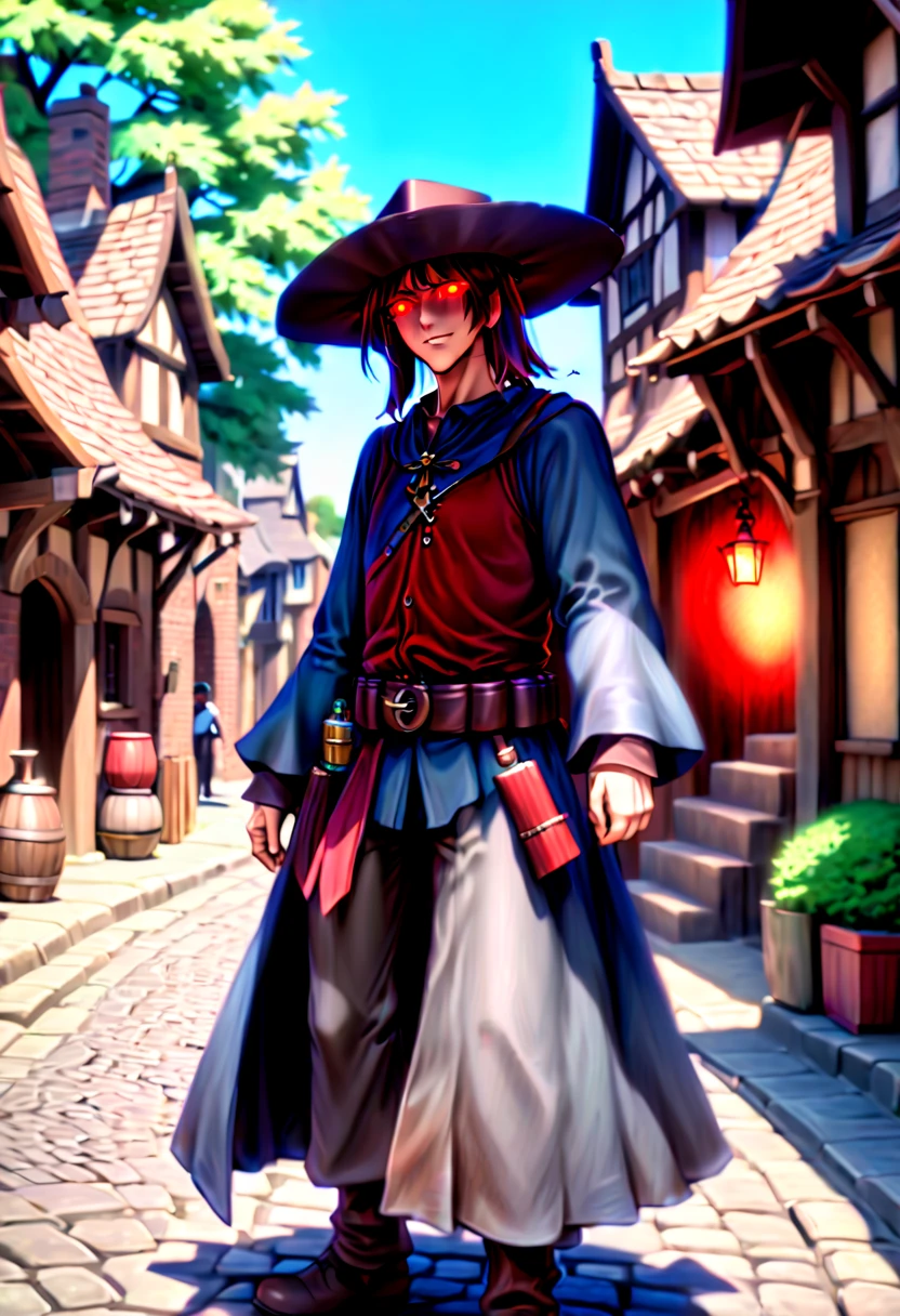 caleb,anime artwork,london street,hat,red glowing eyes,ghibli style,extremely detailed,martial pose,full body,hdr,vivid colors,ultra-fine painting,physically-based rendering,8k, super detail, ccurate, best quality, best quality, high quality, super detail, anatomically correct, retina, UHD, masterpiece, ccurate, textured skin, high details, award winning, highres, 1080P, HD,drop shadow, anaglyph, stereogram, tachi-e, pov, atmospheric perspective, 8k, super detail, ccurate, best quality, background medieval western village