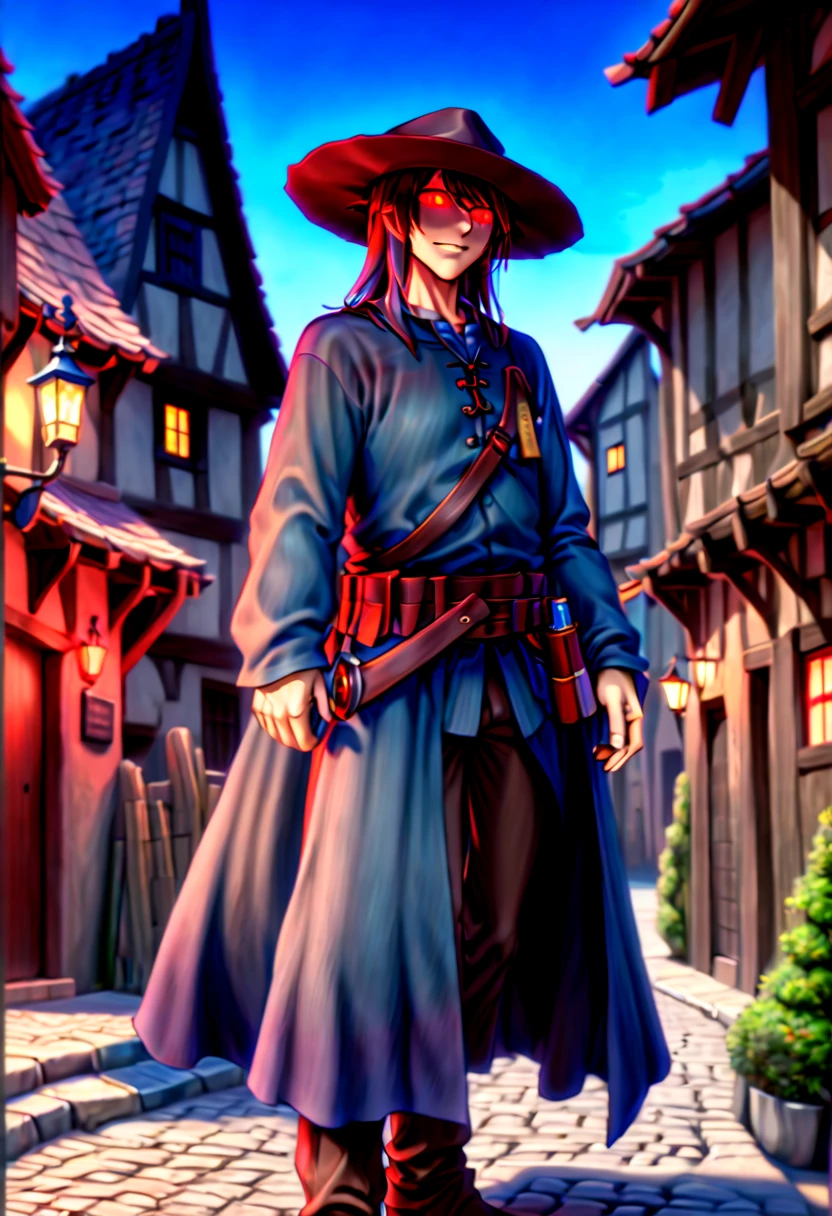 caleb,anime artwork,london street,hat,red glowing eyes,ghibli style,extremely detailed,martial pose,full body,hdr,vivid colors,ultra-fine painting,physically-based rendering,8k, super detail, ccurate, best quality, best quality, high quality, super detail, anatomically correct, retina, UHD, masterpiece, ccurate, textured skin, high details, award winning, highres, 1080P, HD,drop shadow, anaglyph, stereogram, tachi-e, pov, atmospheric perspective, 8k, super detail, ccurate, best quality, background medieval western village