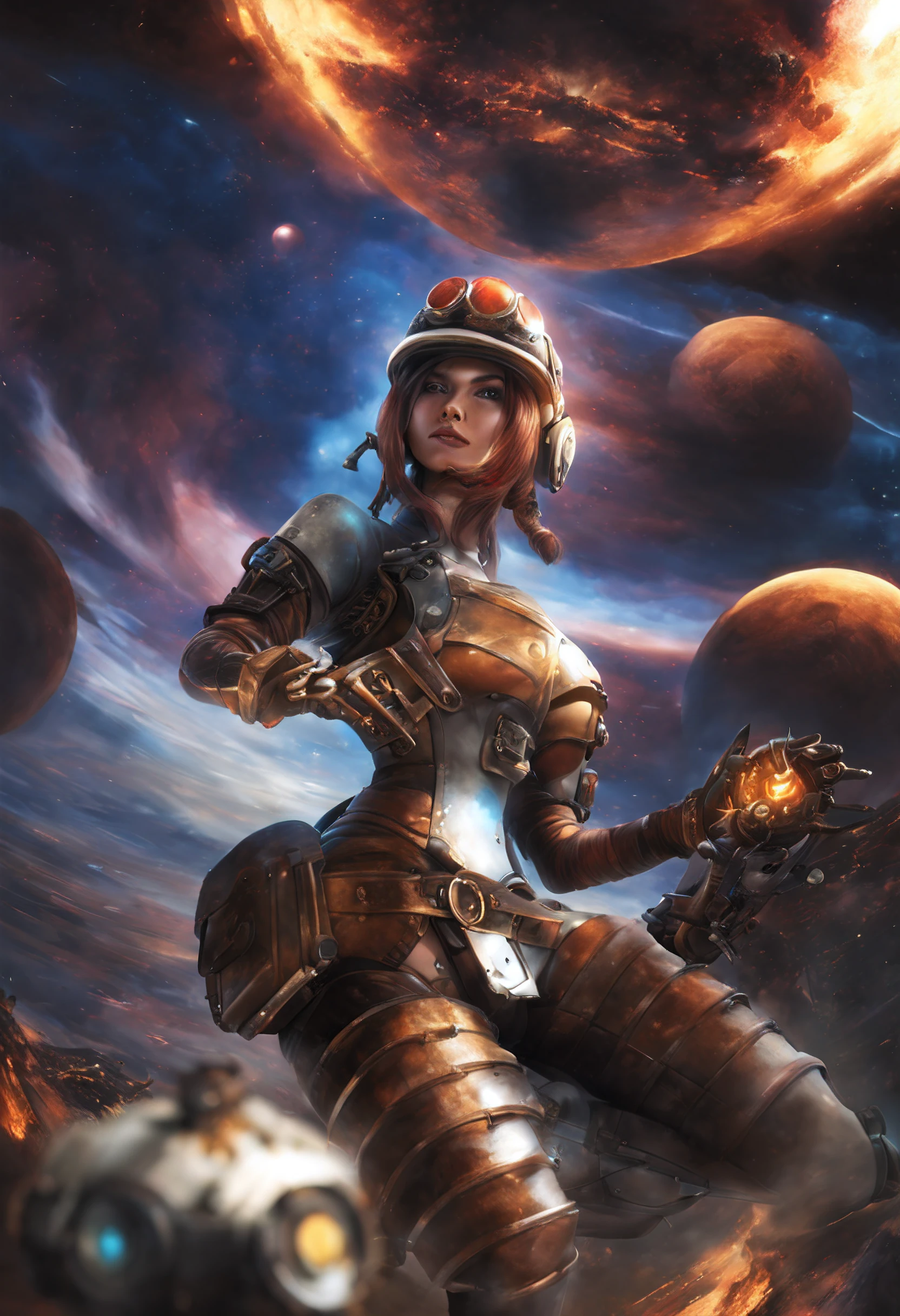 A beautiful , realistic and highly detailed steampunk biomeca woman. In a post-apocalyptic city. With a planet exploding in the distance and the magnificent and detailed galaxy