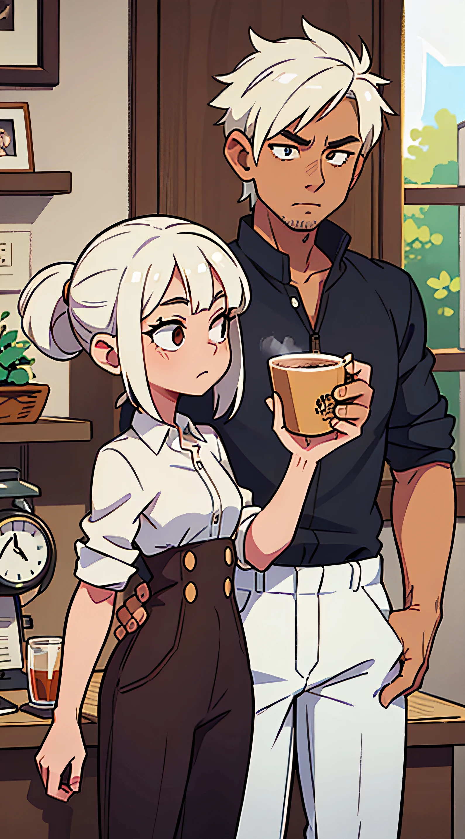 A guy with white hair drinks coffee with a brown-haired woman.