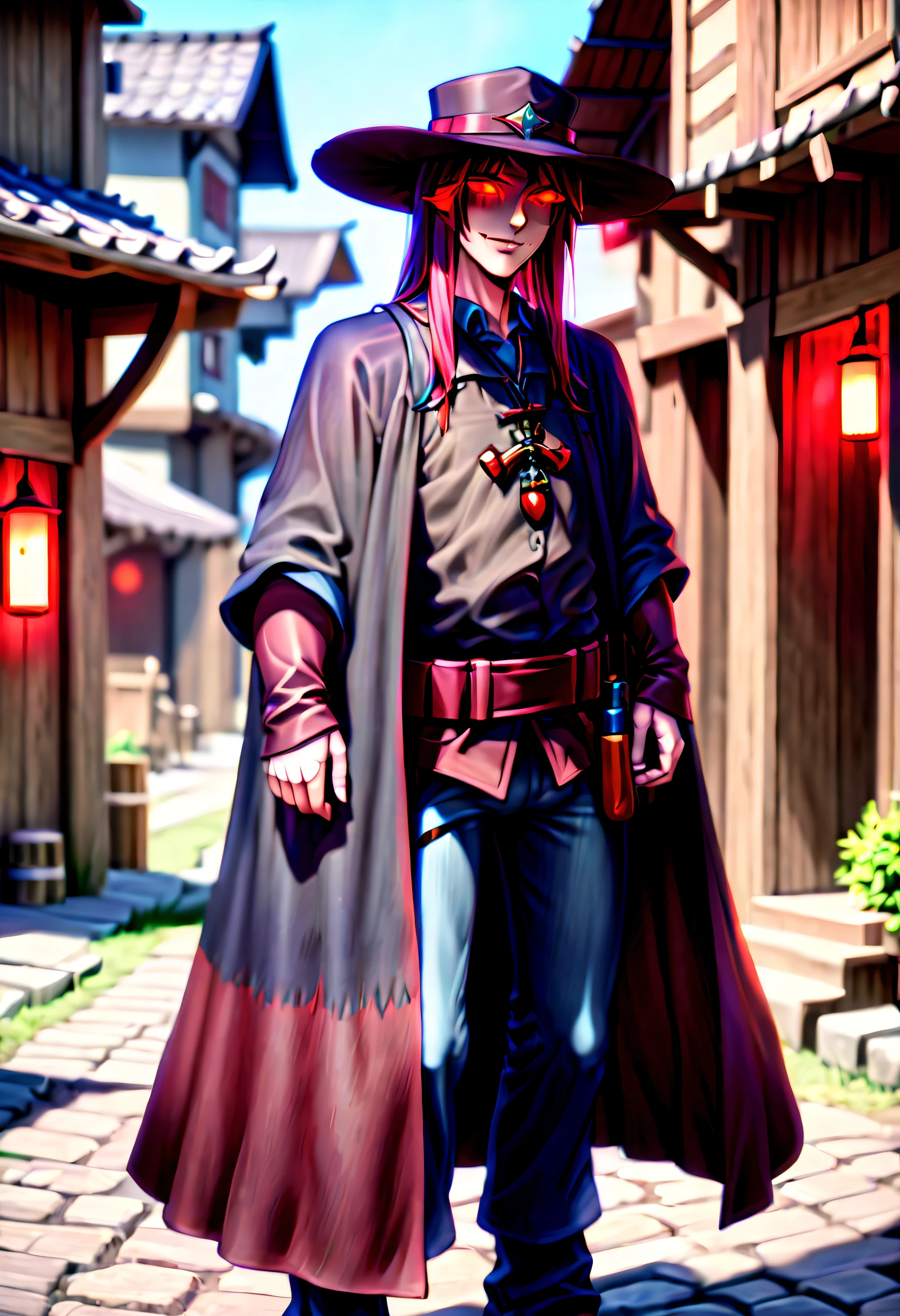 caleb,anime artwork,tokyo street,hat,red glowing eyes,style,extremely detailed,full body,hdr,vivid colors,ultra-fine painting,physically-based rendering,8k, super detail, ccurate, best quality, best quality, high quality, super detail, anatomically correct, retina, UHD, masterpiece, ccurate, textured skin, high details, award winning, highres, 1080P, HD,drop shadow, anaglyph, stereogram, tachi-e, pov, atmospheric perspective, 8k, super detail, ccurate, best quality, background medieval western village