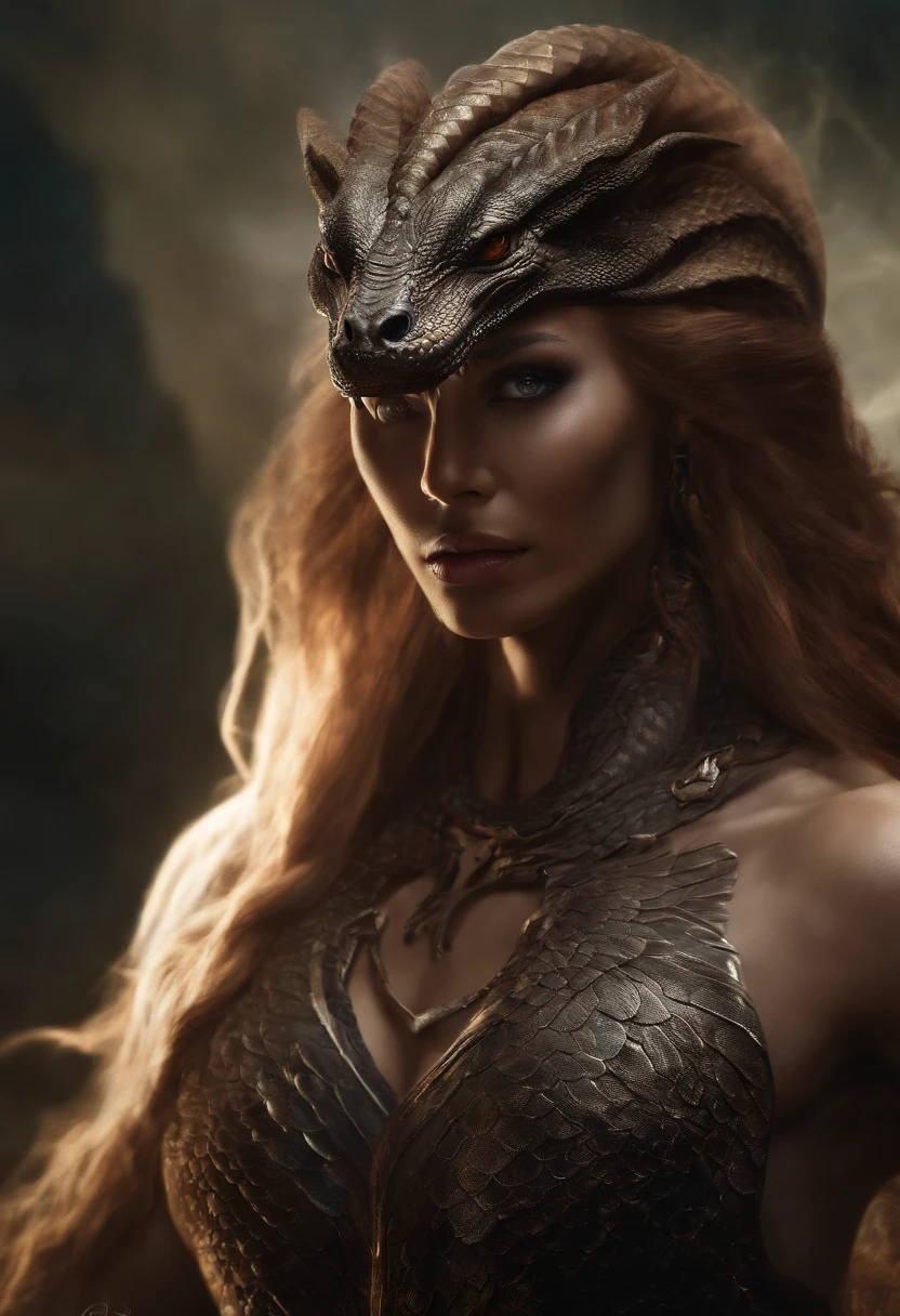 (best quality,4k,highres,masterpiece:1.2), ultra-detailed, realistic: Мan-serpent, cunning, strong, muscular, long straight sleek hair, snake-like eyes, sharp facial features, intimidating presence, intricate scales on the body, intense gaze, majestic aura, dynamic pose, dramatic lighting, dark and mysterious ambiance, mythical creature, fantasy art, vibrant colors, genre: dark fantasy, concept artist, oil painting style, surreal, epic.