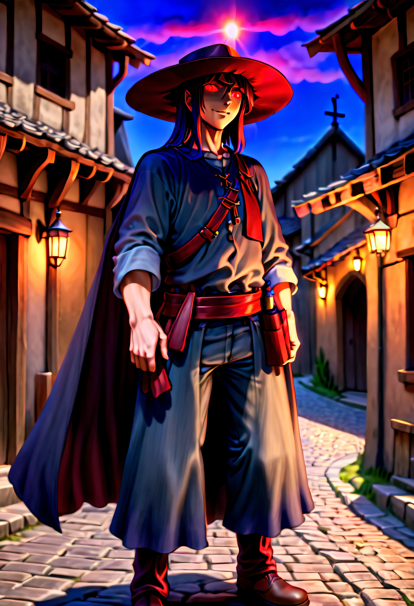 caleb,anime artwork, street,hat,red glowing eyes,ghibli style,extremely detailed,martial pose,full body,hdr,vivid colors,ultra-fine painting,physically-based rendering,8k, super detail, ccurate, best quality, best quality, high quality, super detail, anatomically correct, retina, UHD, masterpiece, ccurate, textured skin, high details, award winning, highres, 1080P, HD,drop shadow, anaglyph, stereogram, tachi-e, pov, atmospheric perspective, 8k, super detail, ccurate, best quality, background medieval western village