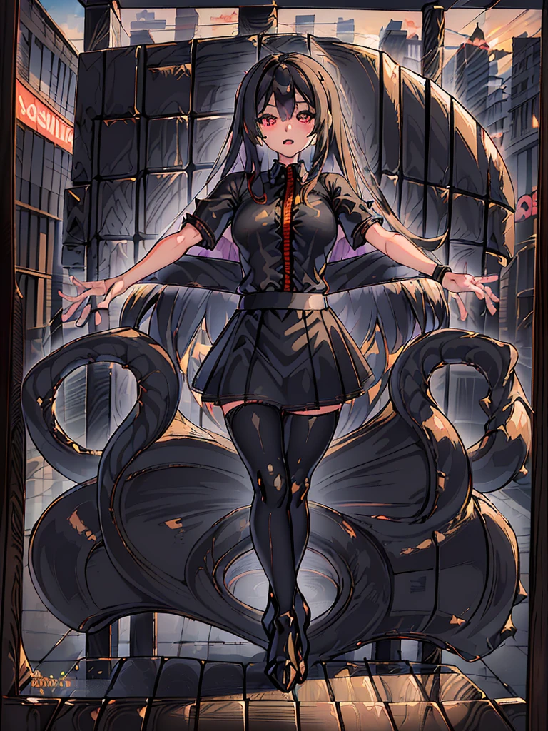 Una chica de canello negro, black shirt and checkered miniskirt, chica alta adulta, pechos grandes, pechos grandes, ojos rojos, gesto de pose manos extendidas, rodeada de serpientes al rededor de ella, soulless expression, altura 1.65