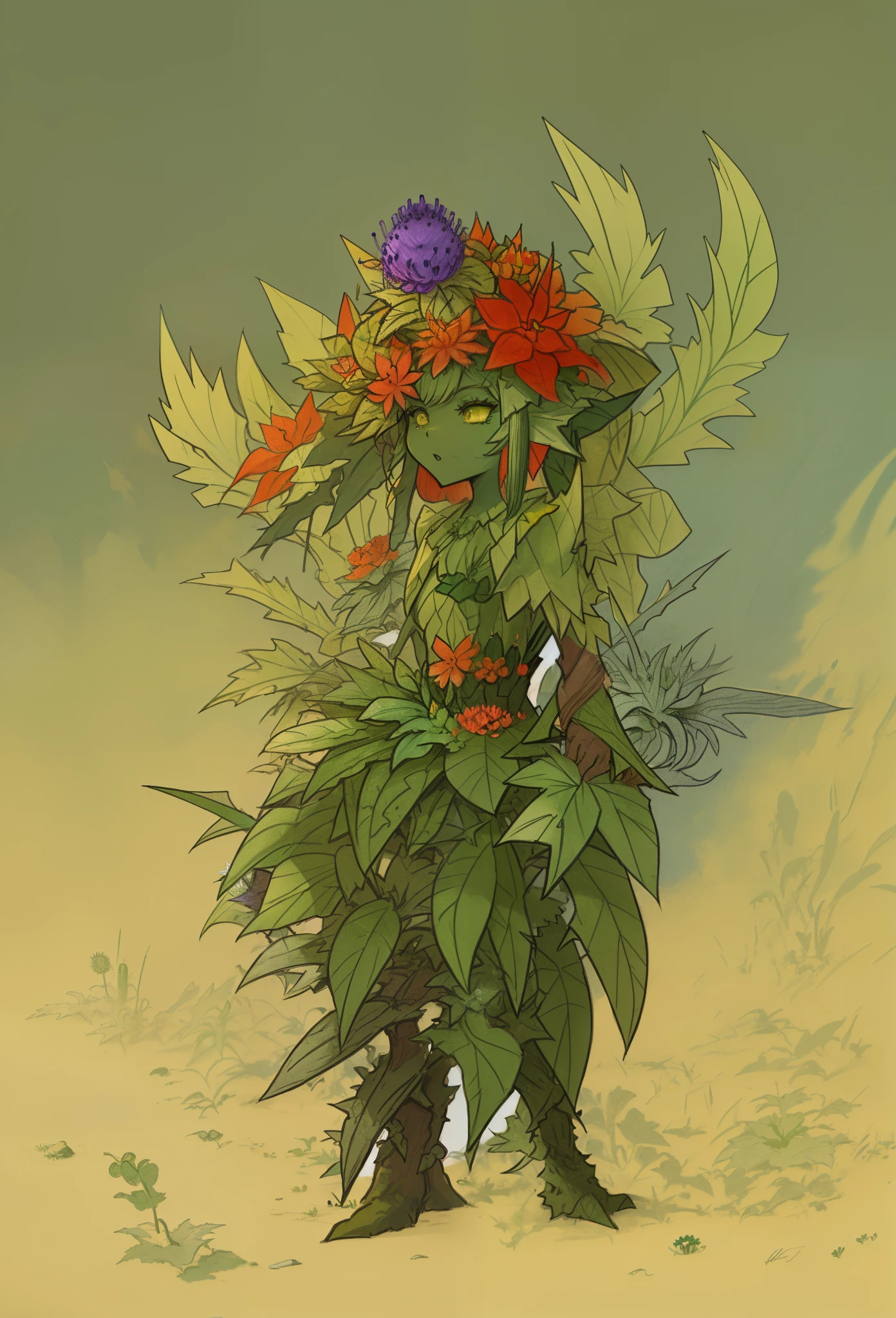 cartoon illustration of a green and yellow monster, a plant monster, plant monster, from pathfinder, a humanoid thistle monster, quirky queen of faes, magical garden plant creatures, from magic the gathering, anthropomorphic cactus, plant spirit, no mouth