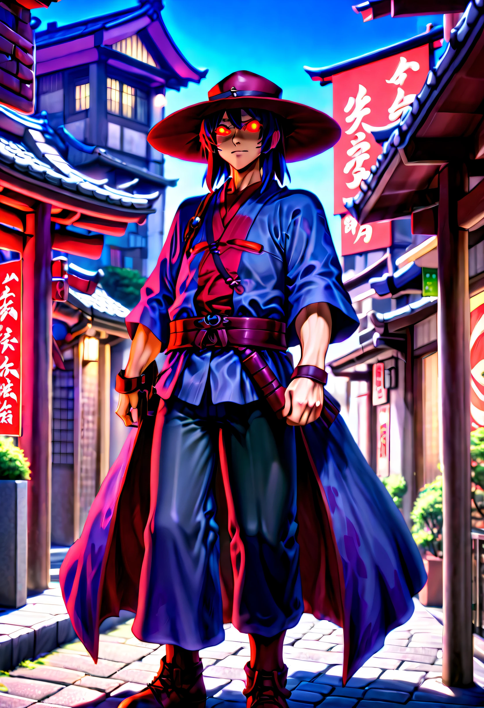 caleb,anime artwork,tokyo street,hat,red glowing eyes,ghibli style,extremely detailed,martial pose,full body,hdr,vivid colors,ultra-fine painting,physically-based rendering,8k, super detail, ccurate, best quality, best quality, high quality, super detail, anatomically correct, retina, UHD, masterpiece, ccurate, textured skin, high details, award winning, highres, 1080P, HD,drop shadow, anaglyph, stereogram, tachi-e, pov, atmospheric perspective, 8k, super detail, ccurate, best quality, background magical city fantasy rpg europe