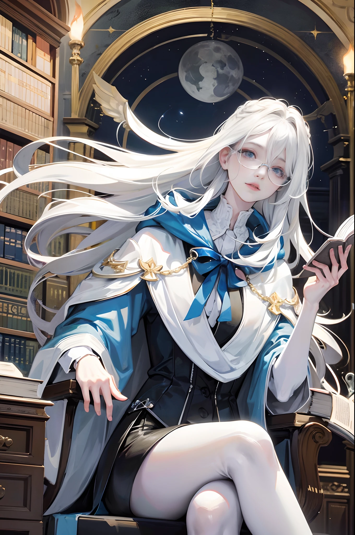 a hooded androgynous figure with long white hair sitting on a throne and holding a open book, the person is wearing glasses, the room is lit by flying candles and is full of books and bookshelves with a big round window in the background showing the stars and the moon, perfect lips, symmetrical face, perfect eyes, porcelain skin, HDR, UHD, realistic, studio lighting