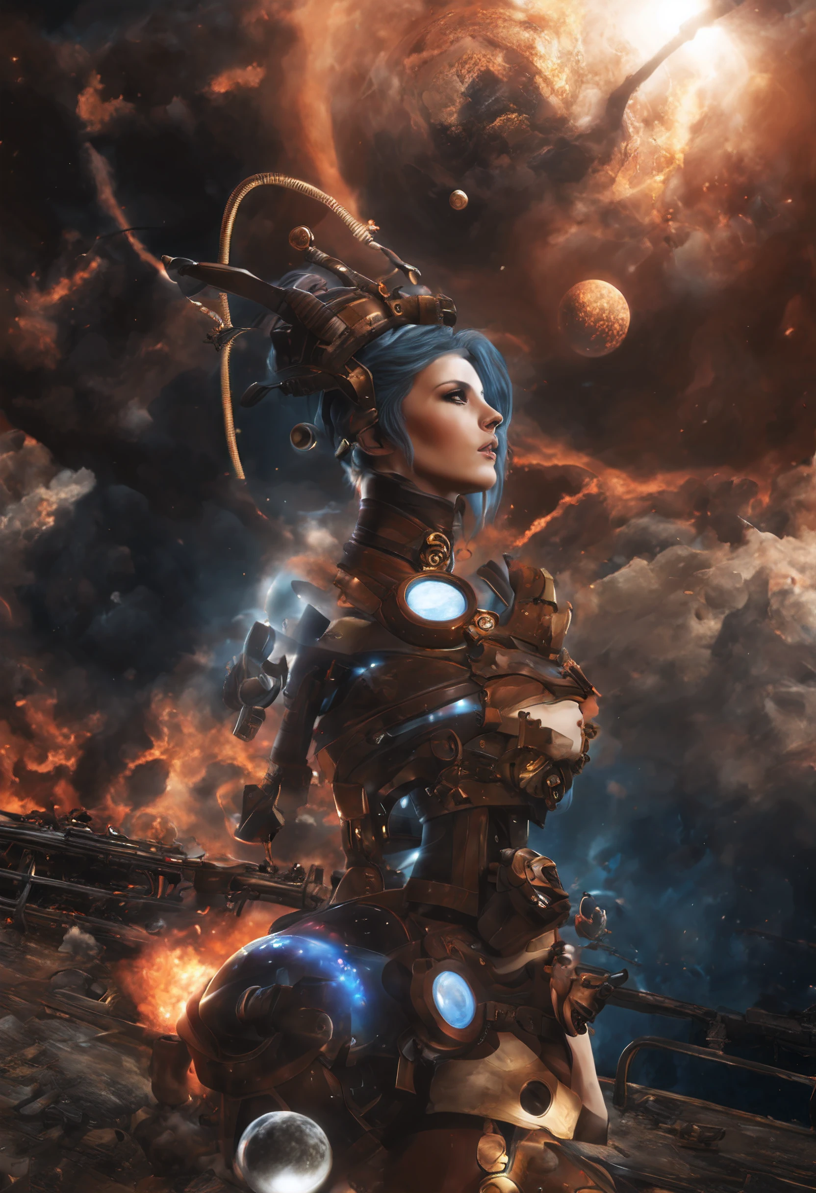 A beautiful , realistic and highly detailed steampunk biomeca woman. In a post-apocalyptic city. With a planet exploding in the distance and the magnificent and detailed galaxy