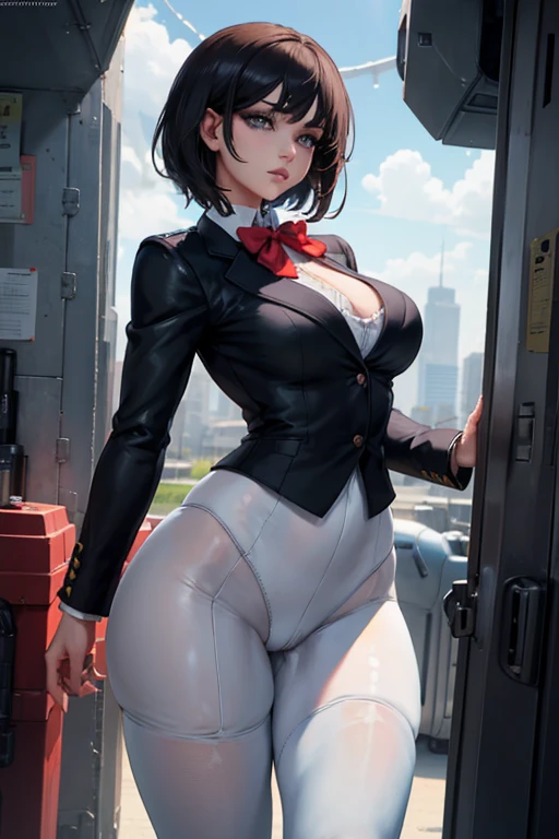 1female，35yo，plumw，extremely large bosom， 独奏，（Background with：Huge machinery，droid，aerodrome，Planes，Huge mechanical armor，） She has very short black hair，bobo head，Stand on the plane，，seen from the front， hair straight， mostly cloudy sky，（（（tmasterpiece），（Very detailed CG unity 8K wallpaper），best qualtiy，cinmatic lighting，detailed back ground，beatiful detailed eyes，Bright pupils，Blue eyes，Snow-whiteskin，Redlip（Very fine and beautiful），（Beautiful and detailed eye description），ultra - detailed，tmasterpiece，））facing at camera，A high resolution，ultra - detailed），revealing breasts，Bare genitalia， Bulge，legs are open，Raised sexy，Camel toes，Flushed complexion，Desire for dissatisfaction，frontage，Stewardess（Wearing：blazer jacket，tailcoat，White color blouse，a black bowtie，Black pantyhose，Bare breasts）