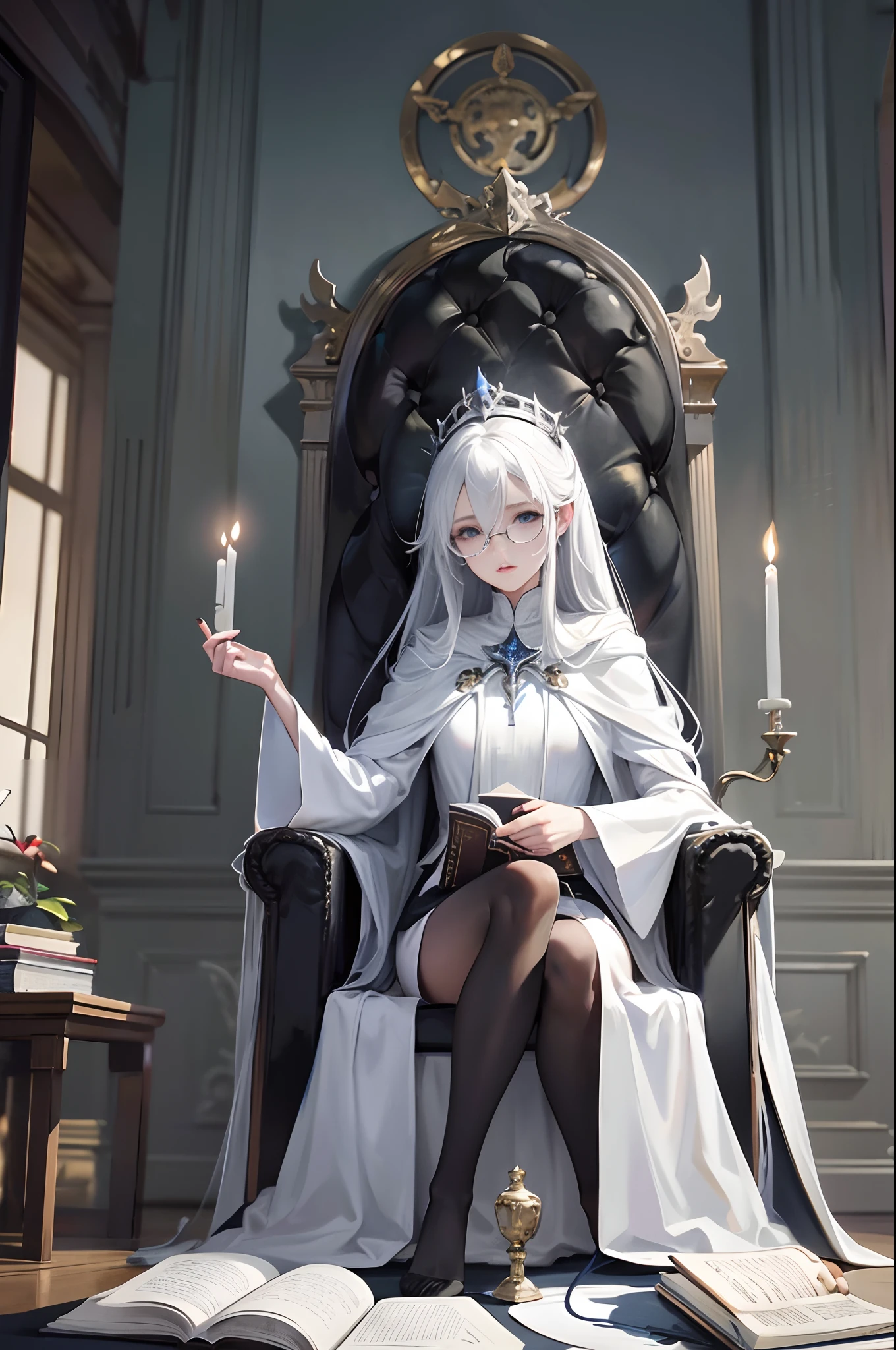 a hooded androgynous figure with long white hair sitting on a throne and holding a open book, the person is wearing glasses, the room is lit by flying candles and is full of books and bookshelves with a big round window in the background showing the stars and the moon, perfect lips, symmetrical face, perfect eyes, porcelain skin, HDR, UHD, realistic, studio lighting