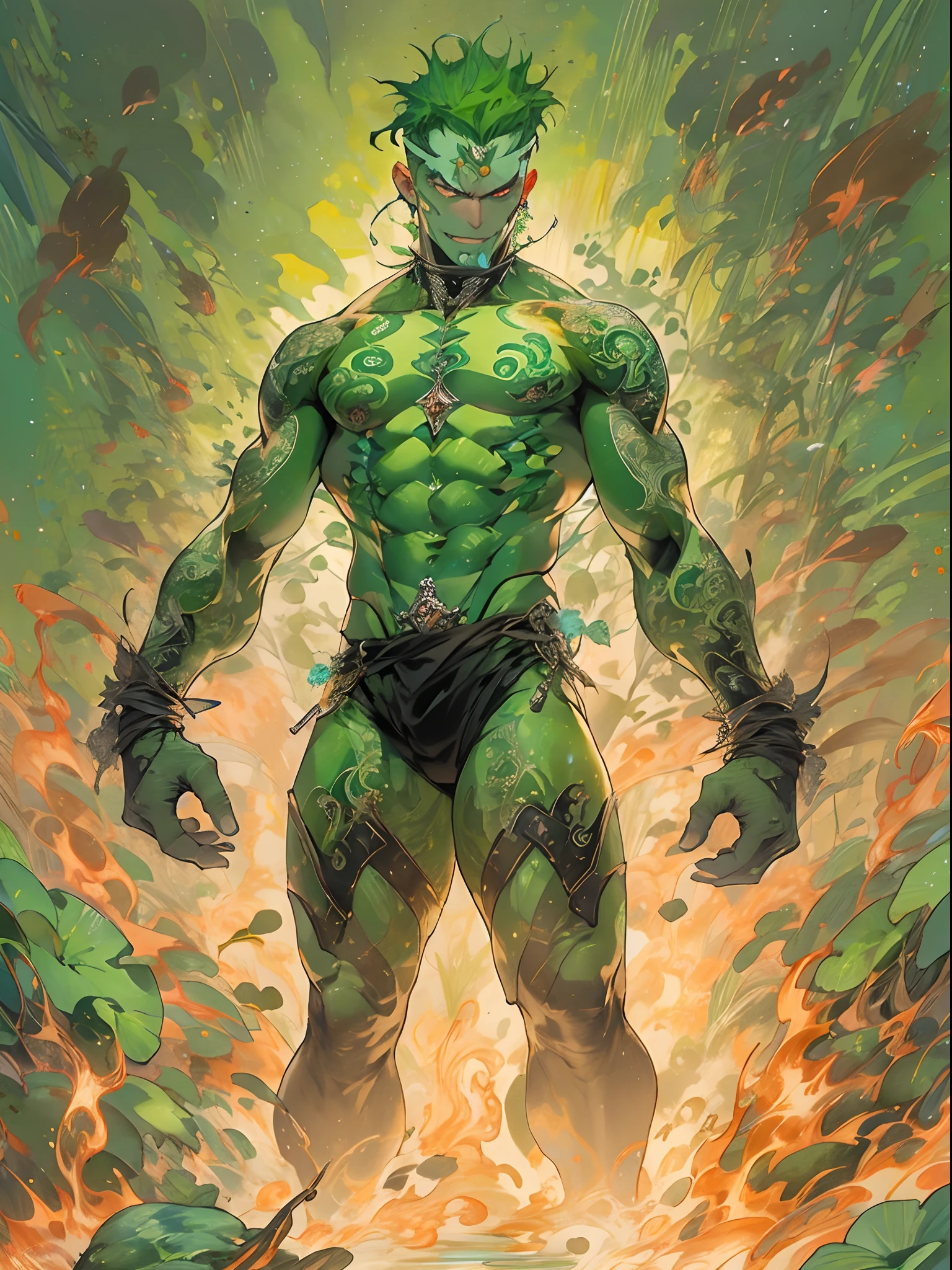 un primer plano de un hombre con fuego verde en la cabeza y torso, humano resplandeciente, Como se ilustra en Top Cow Comics, Brillando en poder, Sosteniendo fuego verde, Hoja de alma verde brillante,esqueleto,esqueleto humano,huesesos,deretirse,nuclear,(1hombre)