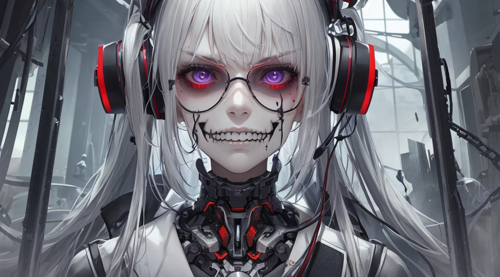 Close up portrait of mechanical skull in headphones (((Masterpiece))), ((Best Quality)), (Super Detail), (CG Illustration), (Very Evil and Beautiful)), Cinematic Light, ((1 Mechanical Skull in Headphones)), Single, (Mechanical Art: 1.4),expressionless, ( Science Fiction,Horror, Apocalypse, Ruins, , Cruelty, Absurdity, , Fusion with Machines, Doomsday Time, Super Future, Inorganic, Laboratory, Restraint, ), Vibrant color scheme