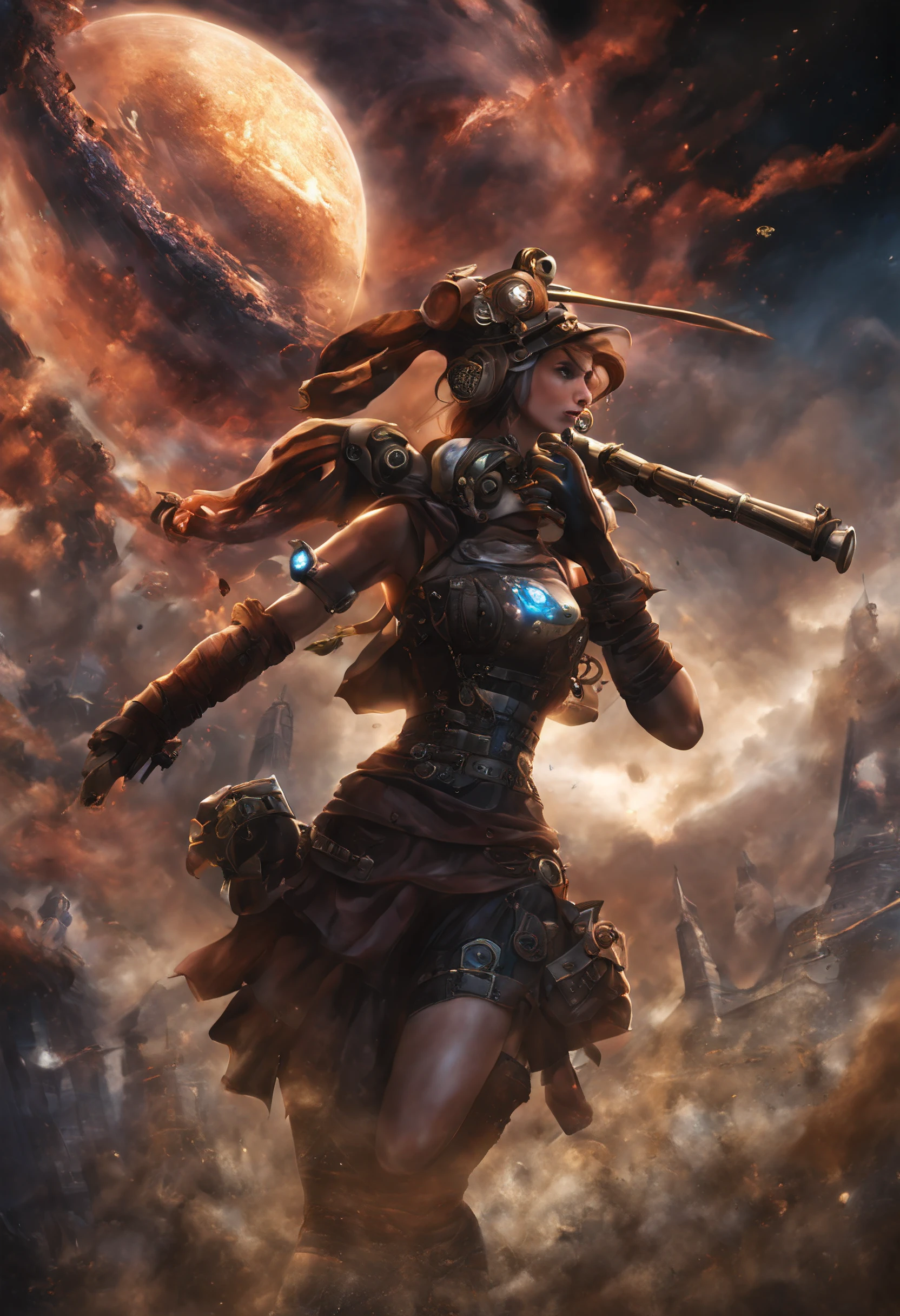 A beautiful , realistic and highly detailed steampunk biomeca woman. In a post-apocalyptic city. With a planet exploding in the distance and the magnificent and detailed galaxy