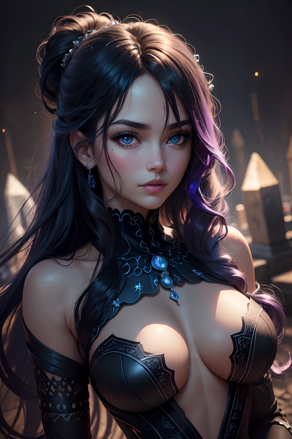 Her hair is a cascade of untamed midnight black.., Shimmering with sparkles of indigo and silver, that resembles the infinite expanse of the night sky. Her eyes are a mesmerizing swirl of deep blues and purples, Like twin galaxies swirling with cosmic energy.More detailed 8K.motor irreal:1.4,UHD,La mejor calidad:1.4, fotorrealista:1.4, textura de la piel:1.4, obra maestra:1.8,obra-prima, mejor calidad,objeto Objeto], (detailed face features:1.4), (cementerio oscuro:1.4)