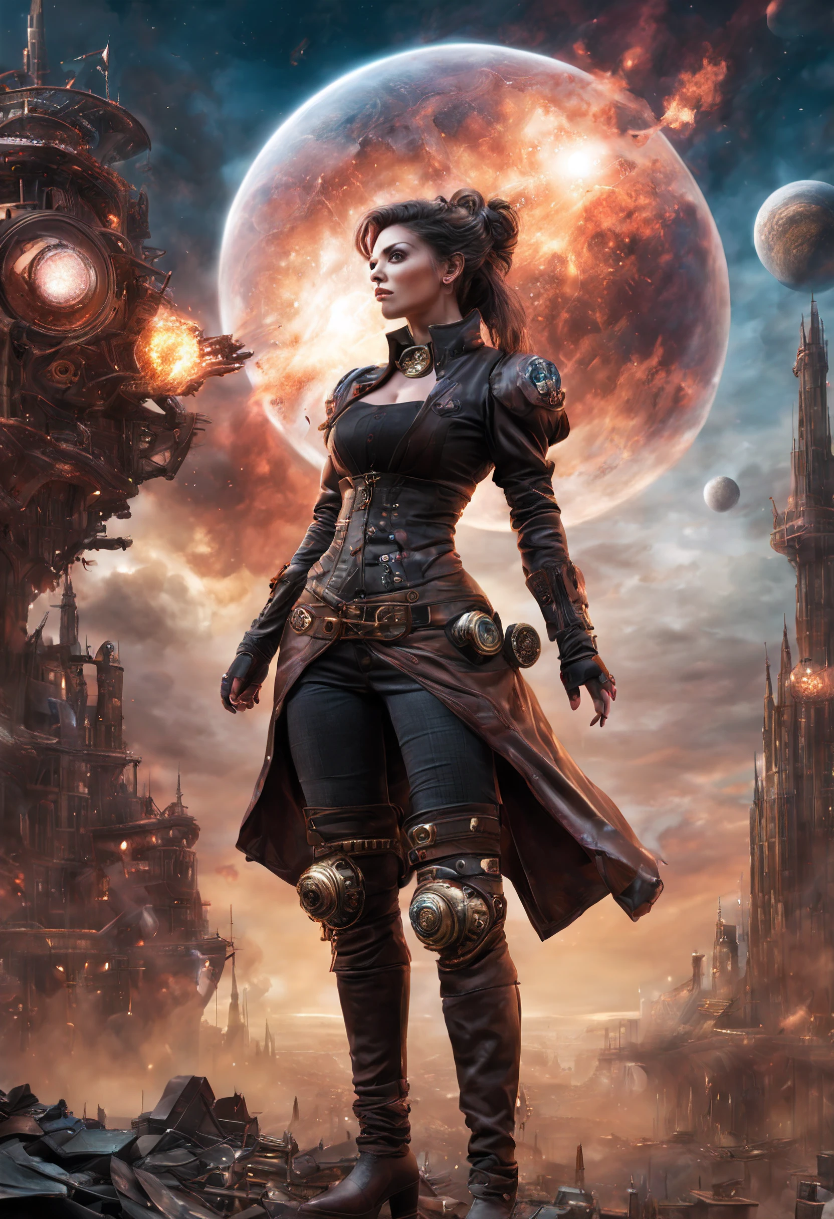 A beautiful , realistic and highly detailed steampunk biomeca woman. In a post-apocalyptic city. With a planet exploding in the distance and the magnificent and detailed galaxy