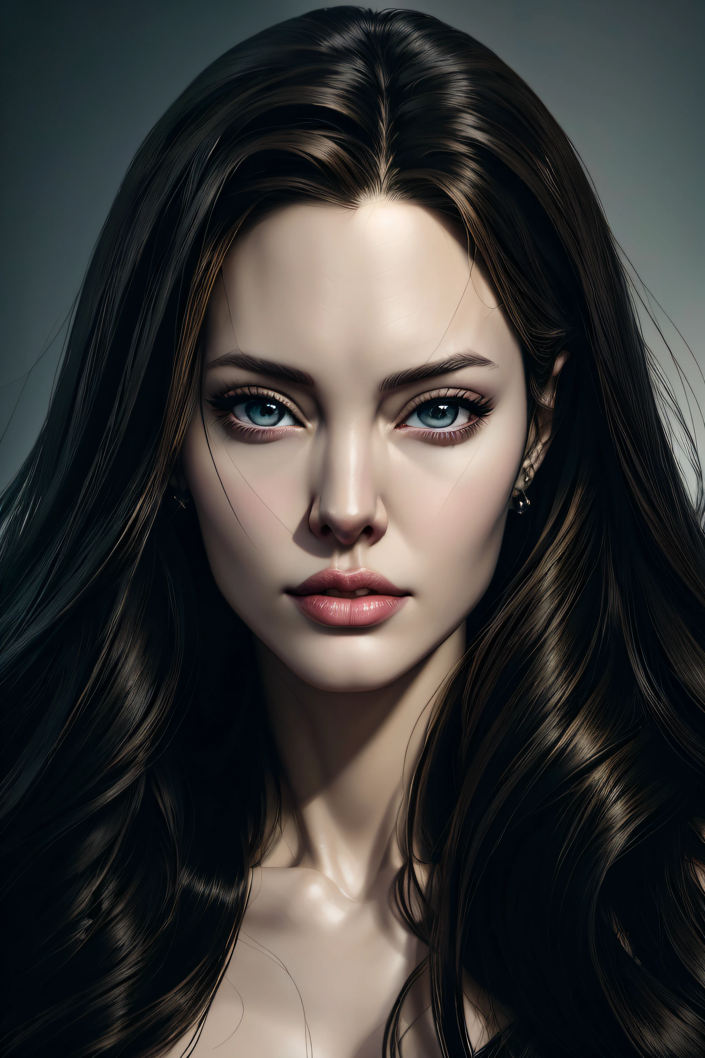 Angelina Jolie, rubber doll costume latex, character portrait, 4 9 9 0 s, long hair, intricate, elegant, highly detailed, digital painting, artstation, concept art, smooth, sharp focus, illustration, art by wlop, charlie bowater and alexandra fomina