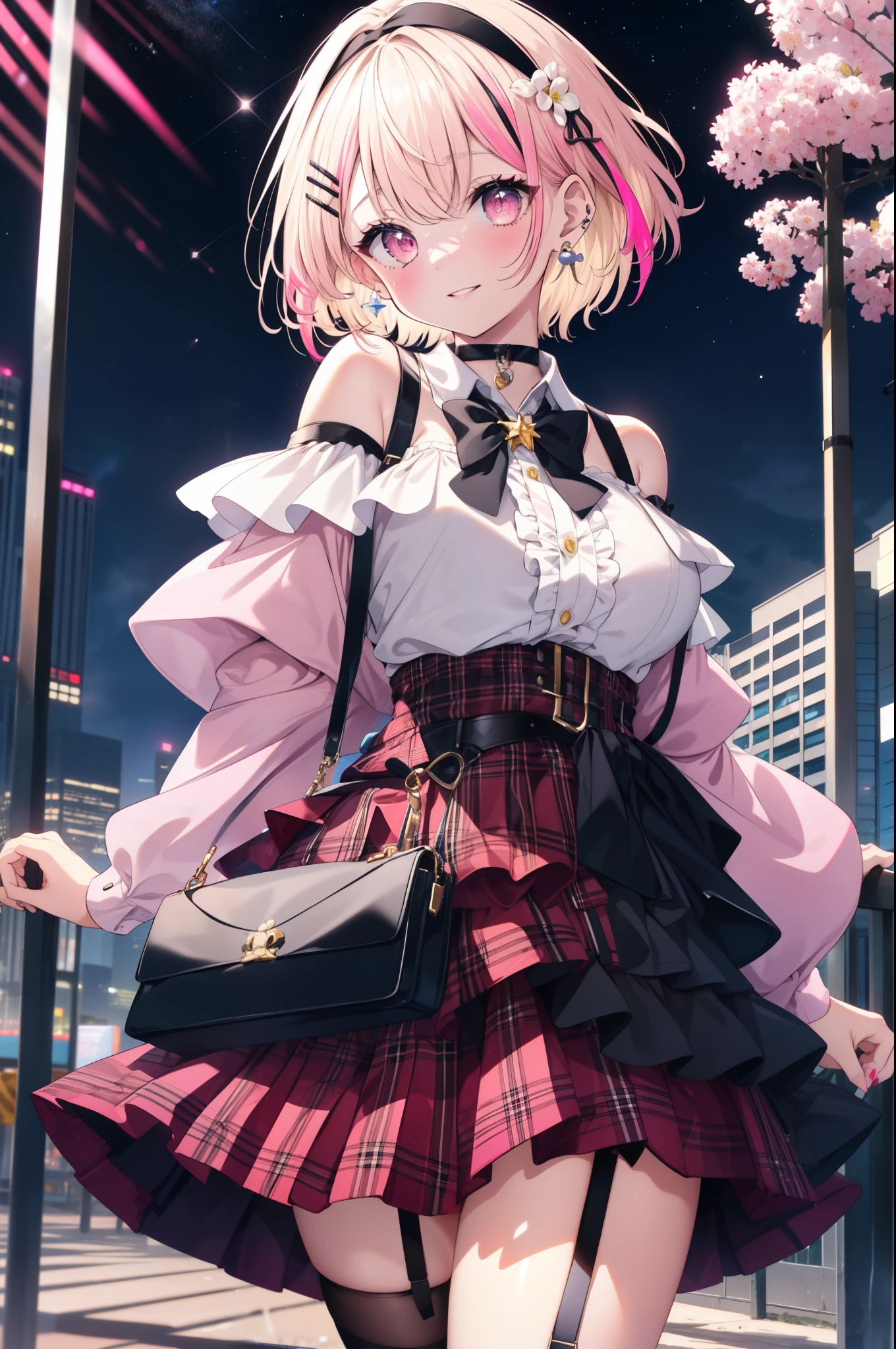 1girl, solo, blonde hair, scene hair, hair clips, (pink streaks), two tone hair, streaky hair, short hair, off shoulder shirt, outdoors, cityscape, starry sky, flower, headband, jirai kei, bare shoulder, microskirt, plaid skirt, garter belt, earrings, thick lips, pink eyes, layered hair, huge breasts, long sleeves, thick thighs, (anime:1.2), blunt bang, eye makeup, choker, bowtie, standing, handbag, pearl earrings, cowboy shot, head tilt, smile,