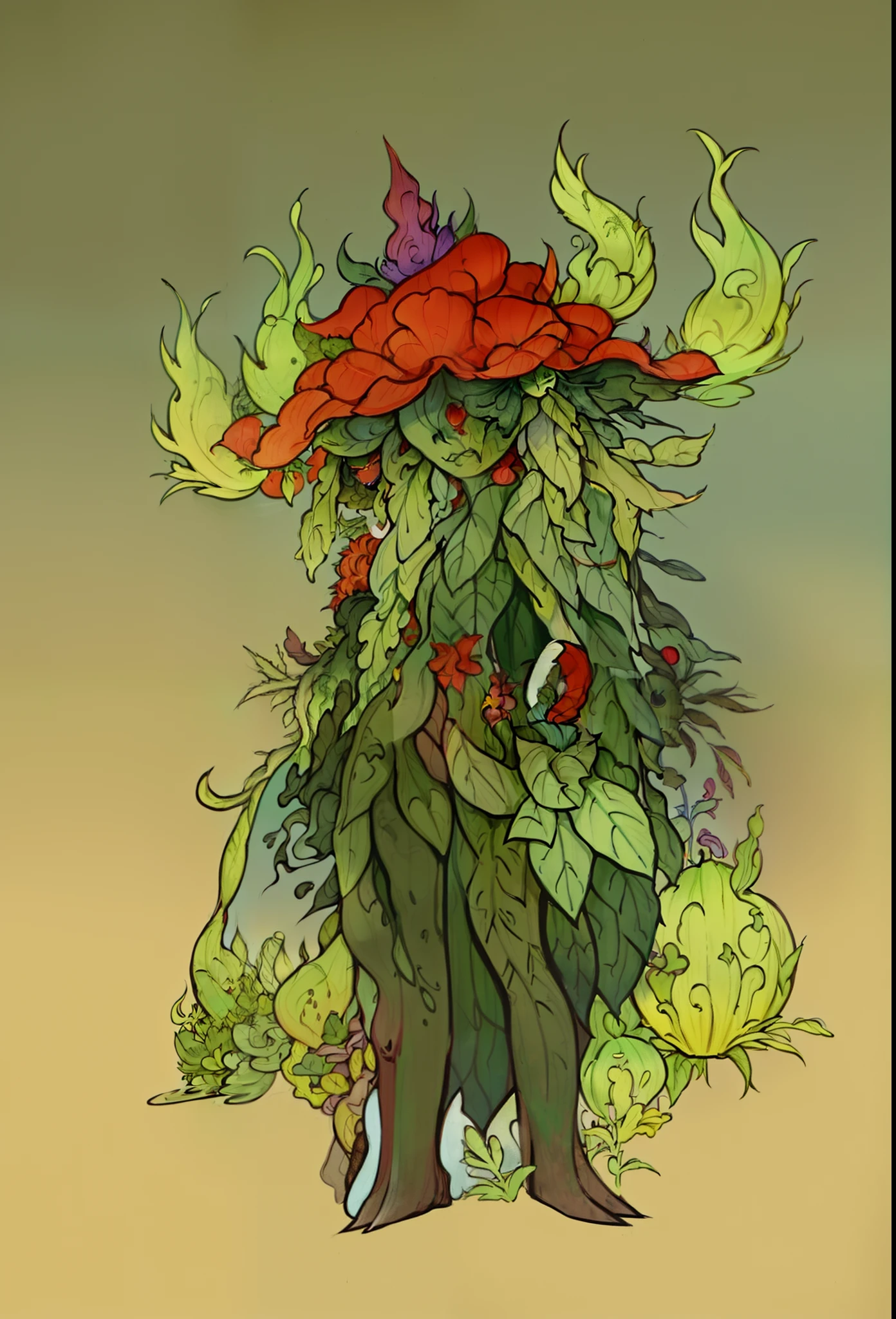 cartoon illustration of a green and yellow monster with a red hat, a plant monster, plant monster, from league of legends, a humanoid thistle monster, quirky king of faes ( with long, cacodemon, magical garden plant creatures, from magic the gathering, anthropomorphic cactus, plant spirit, sfw version, wearing a melon