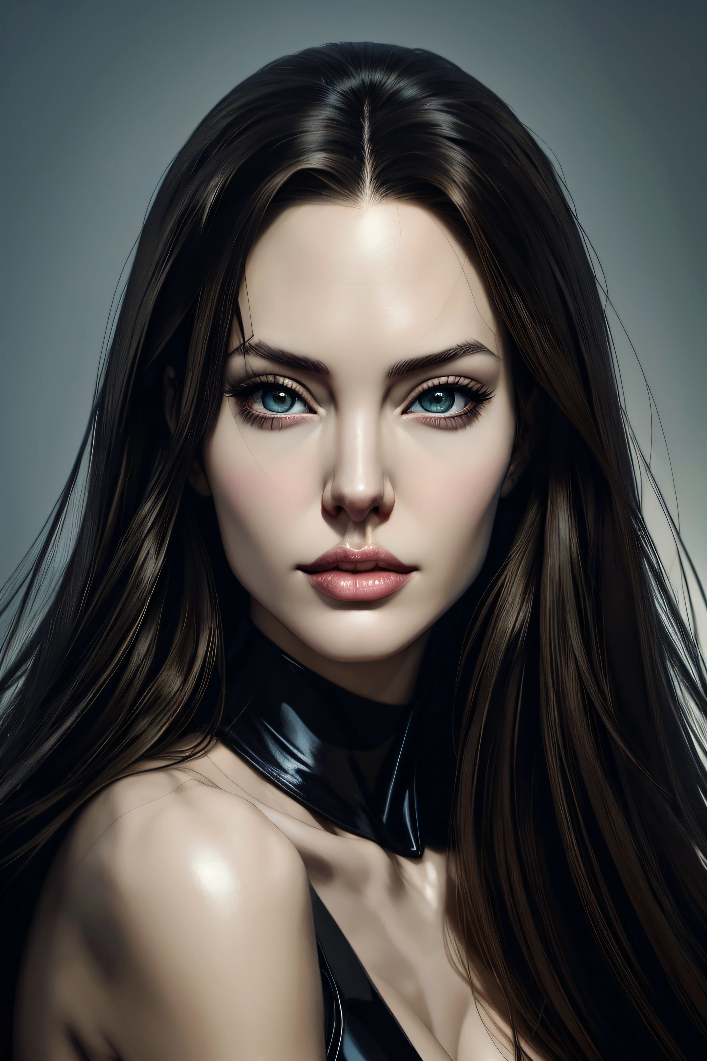 Angelina Jolie, rubber doll costume latex, character portrait, 4 9 9 0 s, long hair, intricate, elegant, highly detailed, digital painting, artstation, concept art, smooth, sharp focus, illustration, art by wlop, charlie bowater and alexandra fomina