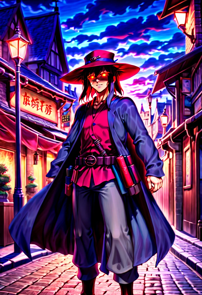 caleb,anime artwork london street,hat,red glowing eyes,ghibli style,extremely detailed,martial pose,full body,hdr,vivid colors,ultra-fine painting,physically-based rendering,8k, super detail, ccurate, best quality, best quality, high quality, super detail, anatomically correct, retina, UHD, masterpiece, ccurate, textured skin, high details, award winning, highres, 1080P, HD,drop shadow, anaglyph, stereogram, tachi-e, pov, atmospheric perspective, 8k, super detail, ccurate, best quality, background magical city fantasy rpg europe