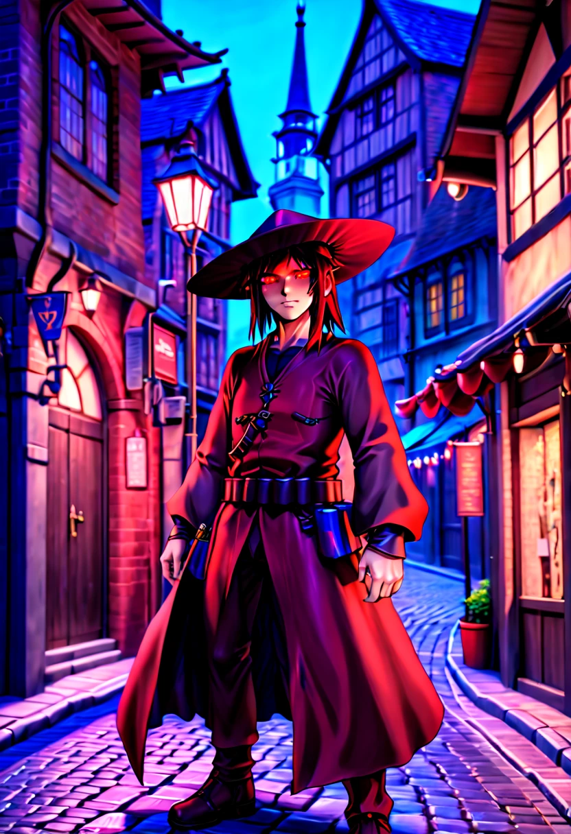 caleb,anime artwork london street,hat,red glowing eyes,ghibli style,extremely detailed,martial pose,full body,hdr,vivid colors,ultra-fine painting,physically-based rendering,8k, super detail, ccurate, best quality, best quality, high quality, super detail, anatomically correct, retina, UHD, masterpiece, ccurate, textured skin, high details, award winning, highres, 1080P, HD,drop shadow, anaglyph, stereogram, tachi-e, pov, atmospheric perspective, 8k, super detail, ccurate, best quality, background magical city fantasy rpg europe