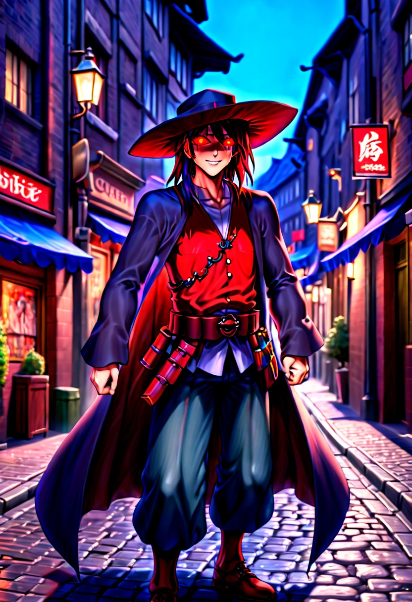 caleb,anime artwork london street,hat,red glowing eyes,ghibli style,extremely detailed,martial pose,full body,hdr,vivid colors,ultra-fine painting,physically-based rendering,8k, super detail, ccurate, best quality, best quality, high quality, super detail, anatomically correct, retina, UHD, masterpiece, ccurate, textured skin, high details, award winning, highres, 1080P, HD,drop shadow, anaglyph, stereogram, tachi-e, pov, atmospheric perspective, 8k, super detail, ccurate, best quality, background magical city fantasy rpg europe