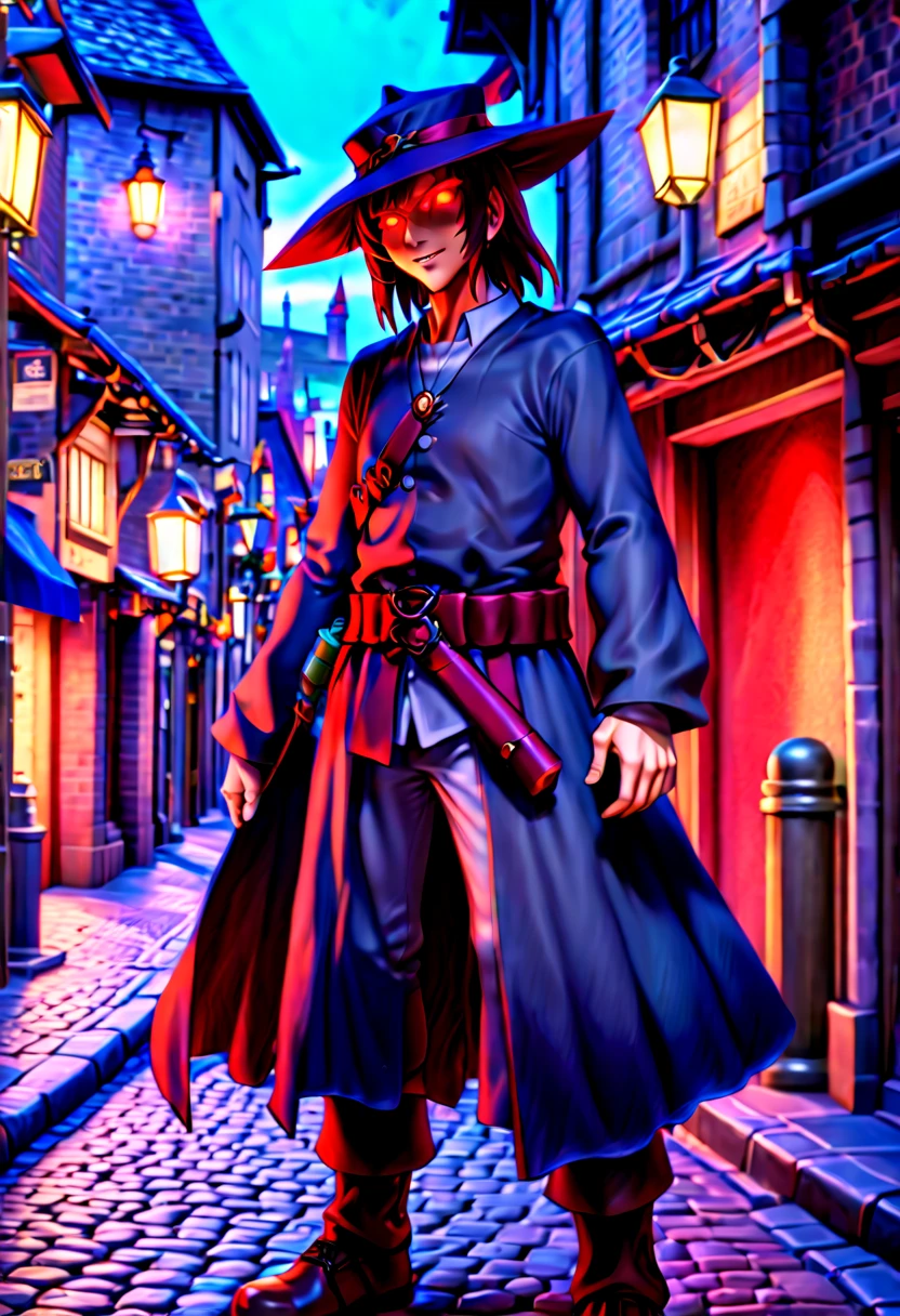 caleb,anime artwork london street,hat,red glowing eyes,ghibli style,extremely detailed,martial pose,full body,hdr,vivid colors,ultra-fine painting,physically-based rendering,8k, super detail, ccurate, best quality, best quality, high quality, super detail, anatomically correct, retina, UHD, masterpiece, ccurate, textured skin, high details, award winning, highres, 1080P, HD,drop shadow, anaglyph, stereogram, tachi-e, pov, atmospheric perspective, 8k, super detail, ccurate, best quality, background magical city fantasy rpg europe