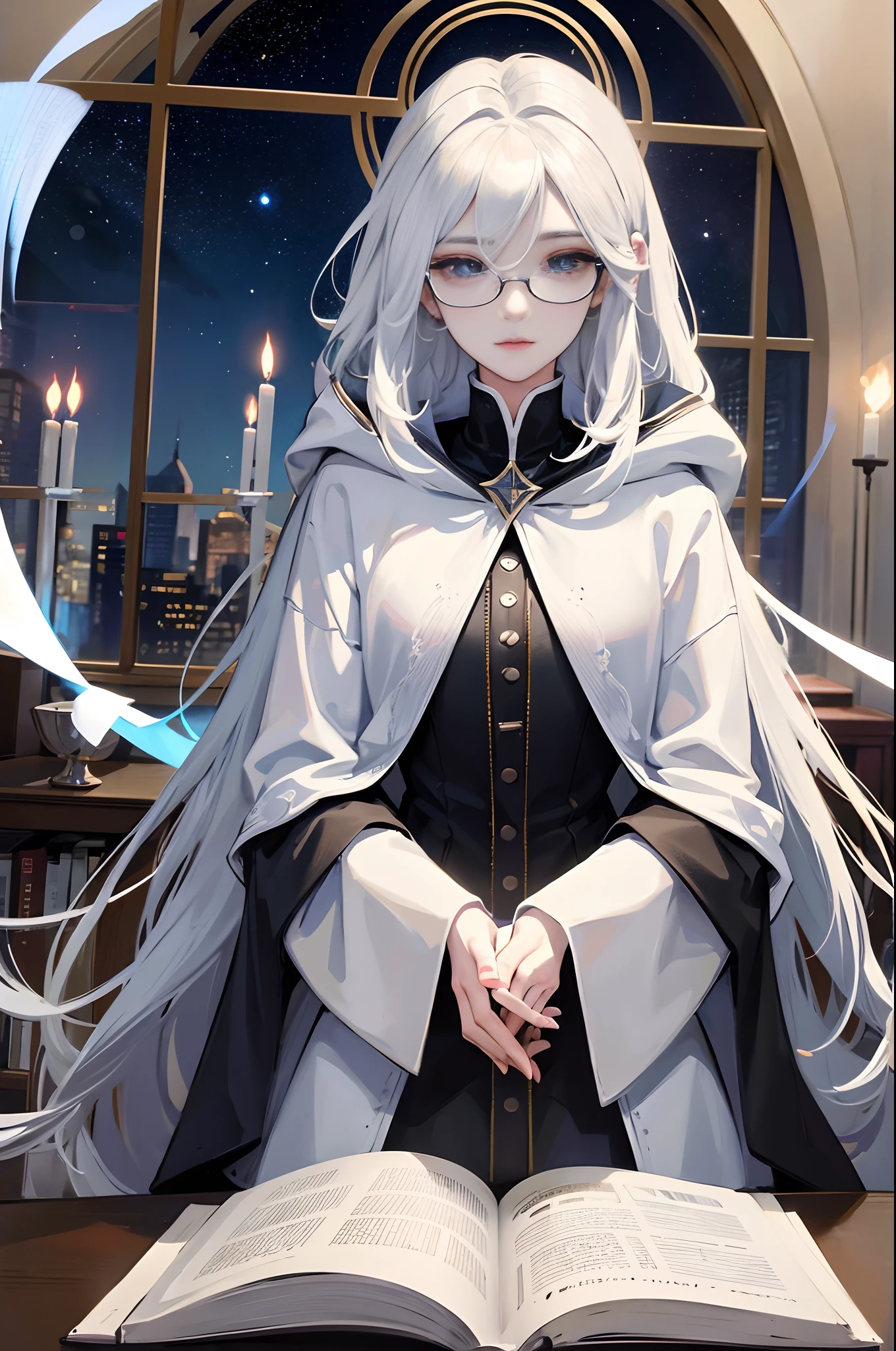 an androgynous hooded figure with long white hair sits on a throne and holds an open book, the person is wearing glasses, the room is lit by flying candles and is filled with books and shelves with a large round window in the background showing the stars and the moon, Perfect lips, symmetrical face, olhos perfeitos, Pele de Porcelana, HDR, UHD, Realistic, studio lighting