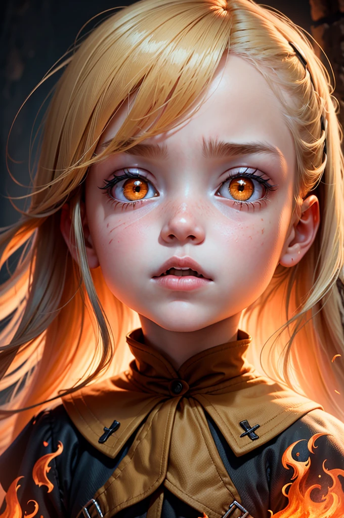 A child of two faced with a mountain of free effraying. Ciel en feu. Peur.