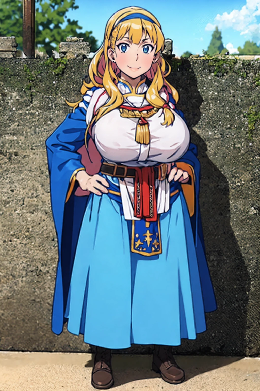 galko,1girl, solo, smile, full body, standing, long skirt, priestess, religious, holy, cute, blush, bimbo body,chocovenus,big breast,tall female, medieval clothing