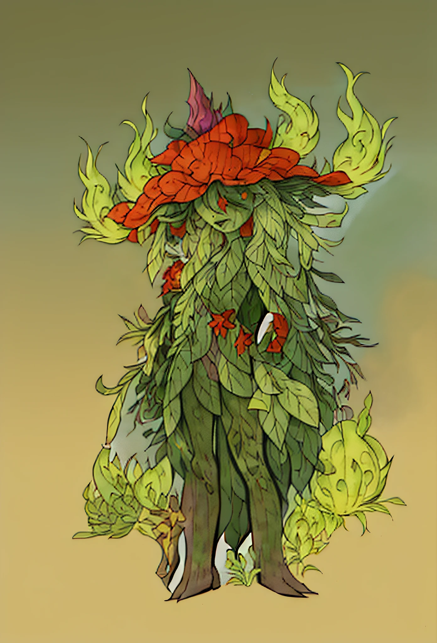 cartoon illustration of a green and yellow monster with a red hat, a plant monster, plant monster, from league of legends, a humanoid thistle monster, quirky king of faes ( with long, cacodemon, magical garden plant creatures, from magic the gathering, anthropomorphic cactus, plant spirit, sfw version, wearing a melon