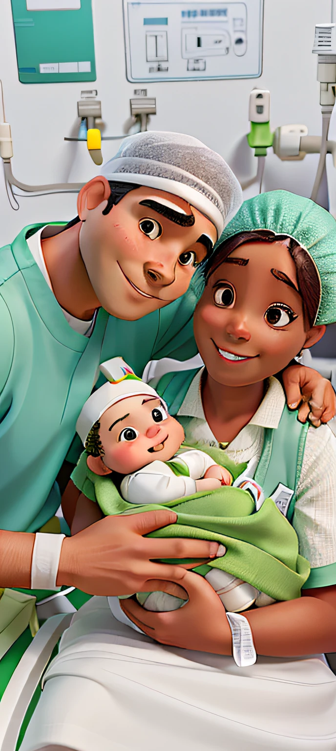 father in white surgical cap and green toilet smiling holding his baby, mother in white surgical cap smiling and holding baby in her arms, the family is in a hospital room and everyone is happy