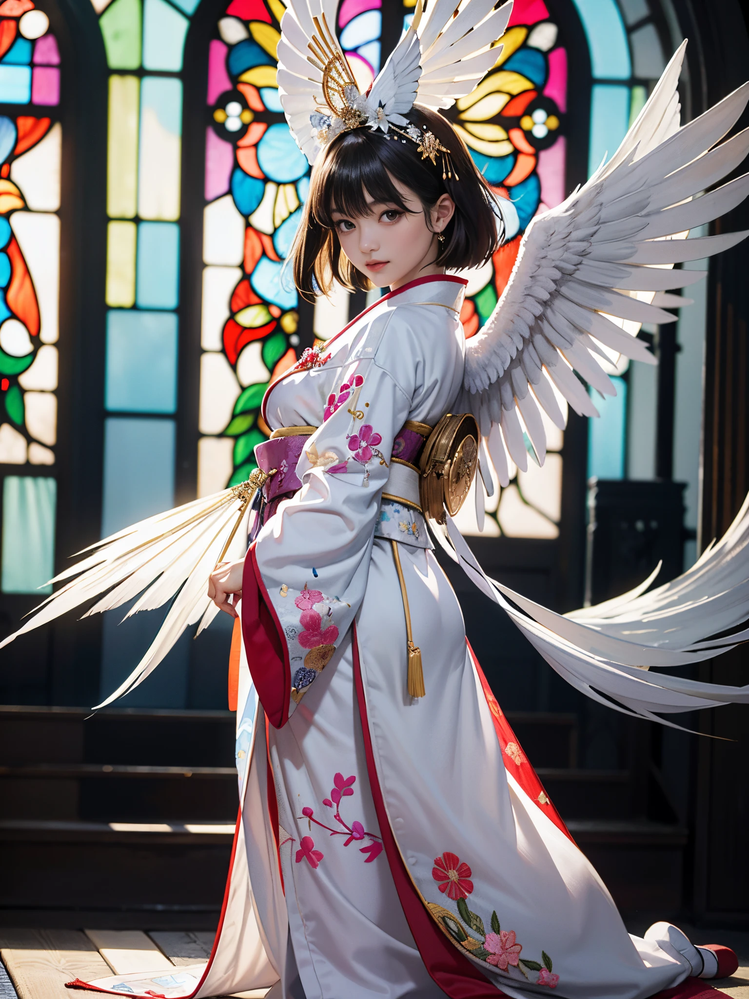 Background of details(Intricate stained glass),BREAK ,elaborate costume(Luxurious Japan kimono(Colorful kimono(detailed embroidery)(Angel-like white wings grow from its back.))),BREAK,(1 Beautiful and classy adult woman(Shy smile:1.2)(Japanese actressl:1.2)(A dark-haired:1.2(short-hair:1.2))),(eye glass:1.2),(standing in front of stained glass),BREAK,Wallpaper 16K,Blur the background,)(masutepiece,Best Quality,Portrait photos):1.5),full body Esbian