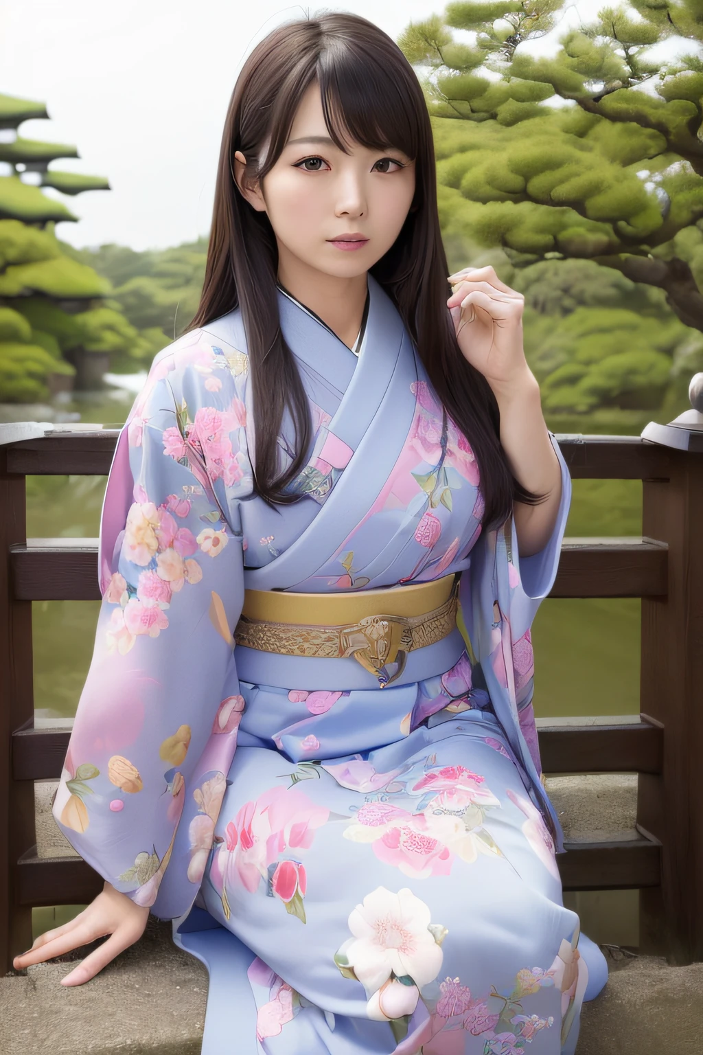 (Photorealsitic:1.4), (Top image quality:1.0), (超A high resolution:1.0), 8K, Raw photography, (masterpiece:0.2), (Best Quality Detail:1.2)、realisitic、8K UHD、hight resolution、1girl in、The ultra-detailliert、High quality textures、intricate detailes、detaileds、Very detailed CG、High quality shadows、Detail Beautiful delicate face、Detail Beautiful delicate eyes、depth of fields、Ray traching,30 only、slender, Black kimono, Kimono with Japanese pattern,Floral scrunchie, Beautiful skin, Facing the front,Sit down, Sit upright and say thank you,Align your hands elegantly,Smile faintly The Land of Japan,Japanese garden,Luxury Japanese-style room, Magic Hour、 (Realistic:1.3), quality, (masutepiece:1.2), (Photorealistic:1.2), (Best Quality), (Intricate details), Dramatic, Ray tracing, photograph, Medium chest, 16k, japanese idol, reealistic