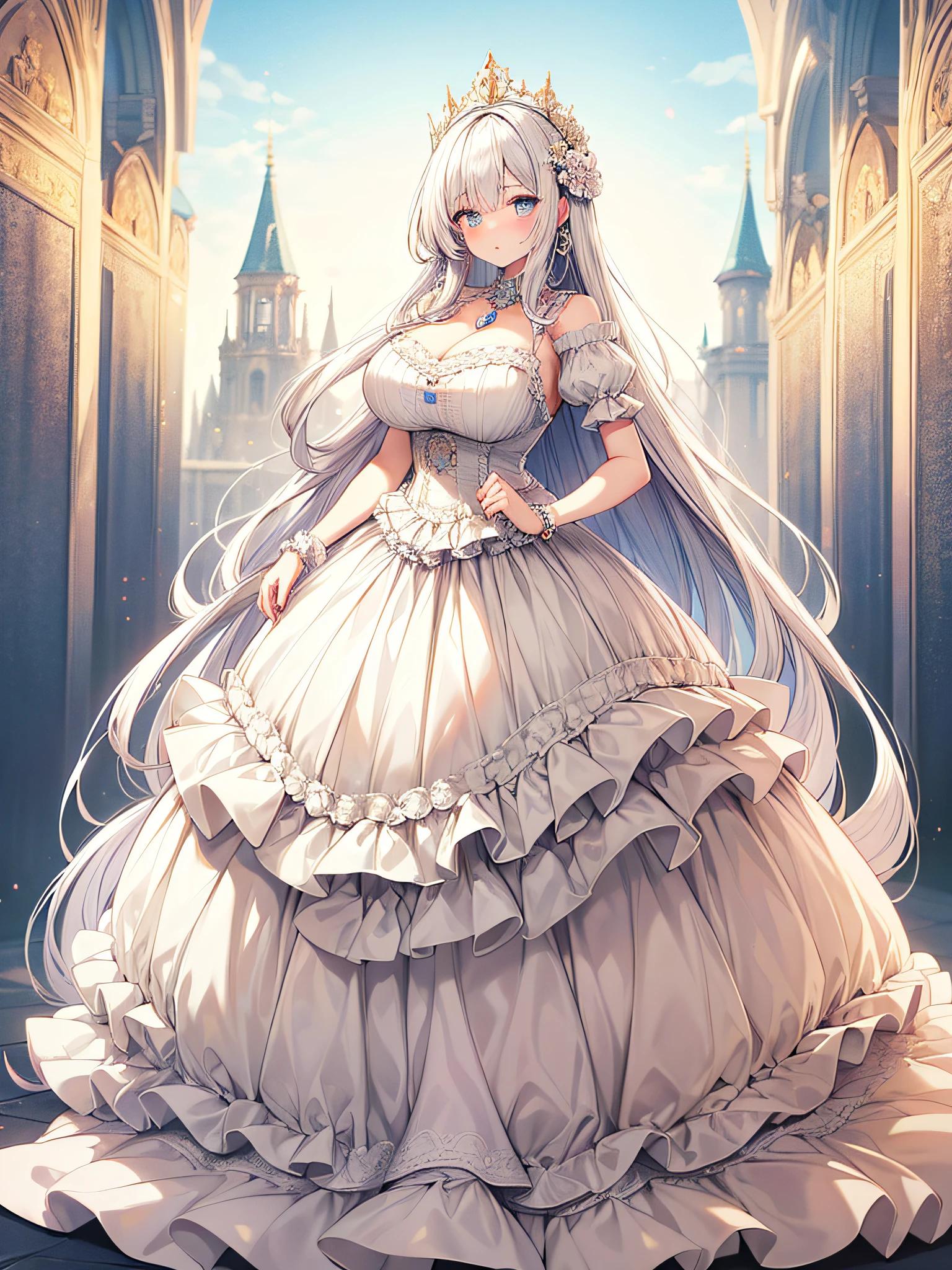 ((anime artstyle)),(Masterpiece),(Best Quality), (Super Detail),((Very Delicate and Beautiful)),1 girl,((full body portrait)),standing in palace of versailles,((solo)),cute,kawaii,digital art,(((1 princess in gorgeous princess rococo ballgown with voluminous full length hoop skirt))),((crinoline)),long train,((beautiful embroidery and jeweled)),voluminous frills,See-through,(gorgeous embroidery and beautiful lace),(((gigantic tits,,Long tits,skindentation))),((large amount of straight hair,extremely voluminous Hair,Very Long Straight Hair)),((finely detailed face and eyes)),clear pupil,extremely gorgeousfull hair ornament,(bling-bling jeweled extremely gorgeousfull tiara),(bling-bling gorgeous gemstone jewelry),long veil,(beautiful background),full body,((gorgeous princess rococo ballgown with voluminous full length hoop skirt))