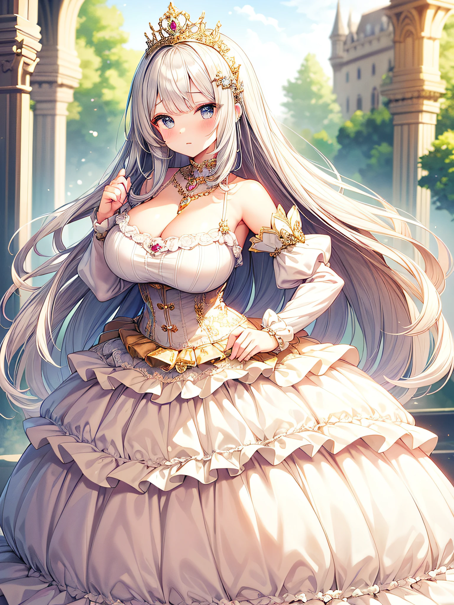 anime artstyle,Masterpiece,(Best Quality), (Super Detail),(Very Delicate and Beautiful),(Solo),((full body portrait)),full body,full body portrait,(detailed face and eyes),jewel-like beautiful eyes,(absolutely gorgeous ruffled rococo ballgown dress decorated with jewels),((1 princess in a beautiful embroidery and jeweled absolutely gorgeous rococo ballgown dress with voluminous full length hoop skirt)),((Crinoline)),super detailed absolutely gorgeous rococo ballgown dress with frilled voluminous full length hoop skirt,((large amount of straight hair,extremely voluminous Very Long straight Hair,Absolutely Long Straight Hair)),(gigantic boobs),cleavage,(fantasy castle,outdoors,outside the castle),long_gloves,extremely gorgeousfull hair ornament,bling-bling extremely gorgeousfull jeweled tiara,((luxurious jewelry)),full body portrait