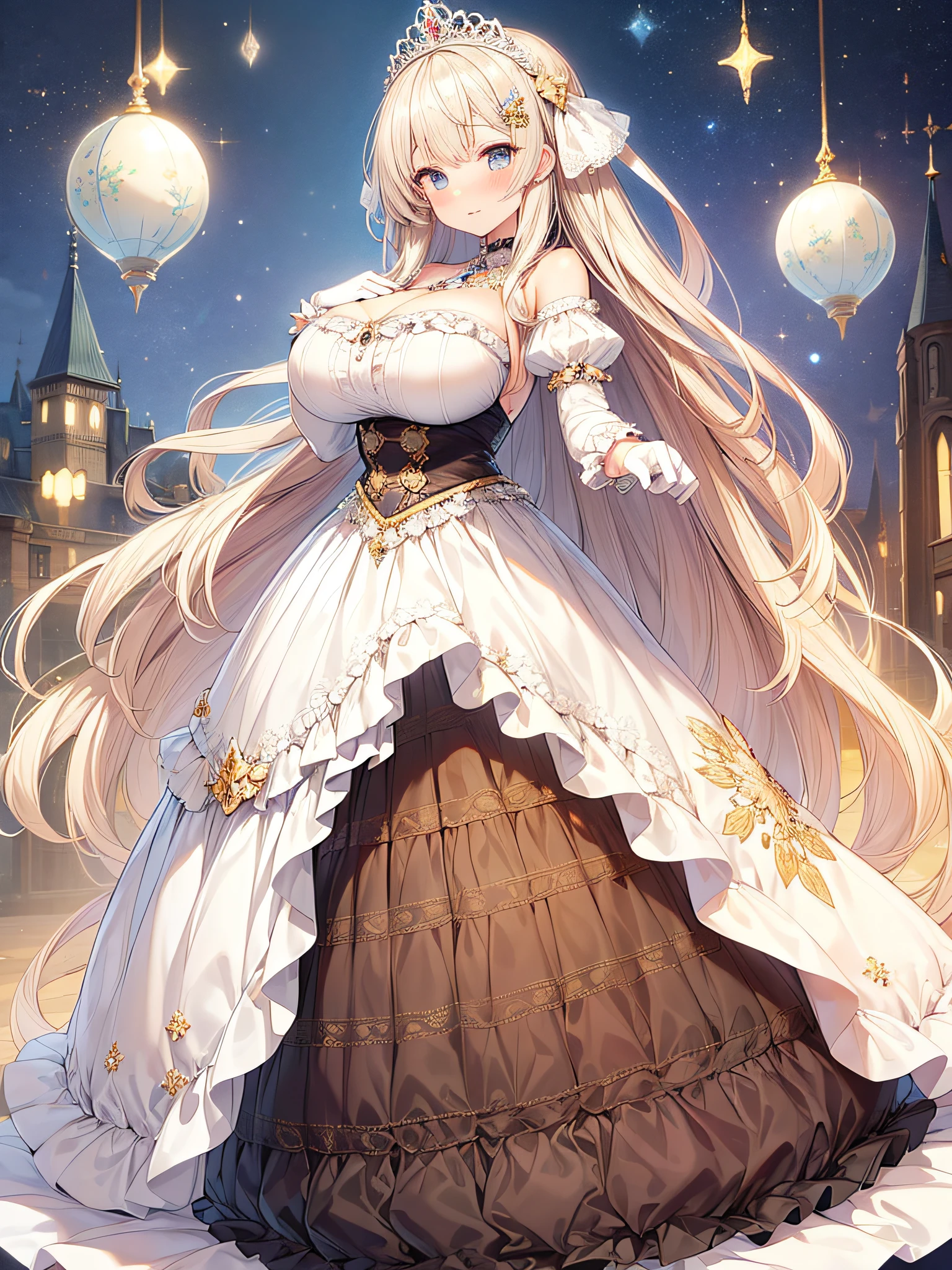 anime artstyle,Masterpiece,(Best Quality), (Super Detail),(Very Delicate and Beautiful),(Solo),((full body portrait)),full body,full body portrait,(detailed face and eyes),jewel-like beautiful eyes,(absolutely gorgeous ruffled rococo ballgown dress decorated with jewels),((1 princess in a beautiful embroidery and jeweled absolutely gorgeous rococo ballgown dress with voluminous full length hoop skirt)),((Crinoline)),super detailed absolutely gorgeous rococo ballgown dress with frilled voluminous full length hoop skirt,((large amount of straight hair,extremely voluminous Very Long straight Hair,Absolutely Long Straight Hair)),(gigantic boobs),cleavage,(fantasy castle,outdoors,outside the castle),long_gloves,extremely gorgeousfull hair ornament,bling-bling extremely gorgeousfull jeweled tiara,((luxurious jewelry)),full body portrait