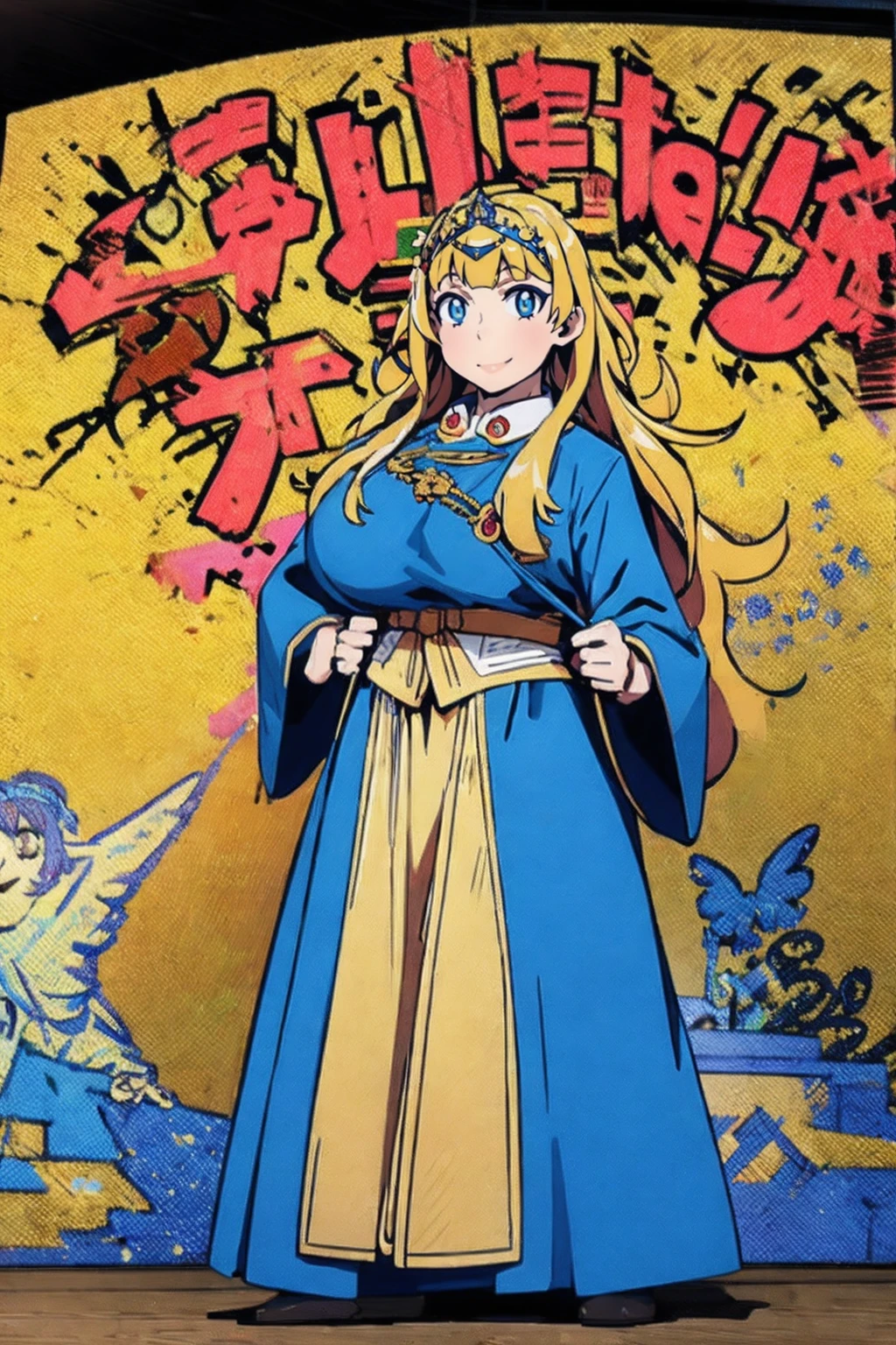 galko,1girl, solo, smile, full body, standing, long skirt, priestess, religious, holy, cute, blush, big breast,tall female, medieval clothing