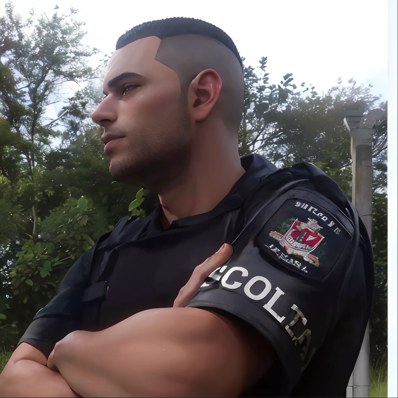 arafed man in a black shirt and a police uniform, scoia'tael), donoto giancola, joseph moncada, security agent, salustiano garcia cruz, edu souza, ástor alexander, profile image, profile shot, nicola salvior, luiz escanuela, foto realista, eloy morales, policeman, andrea rocha