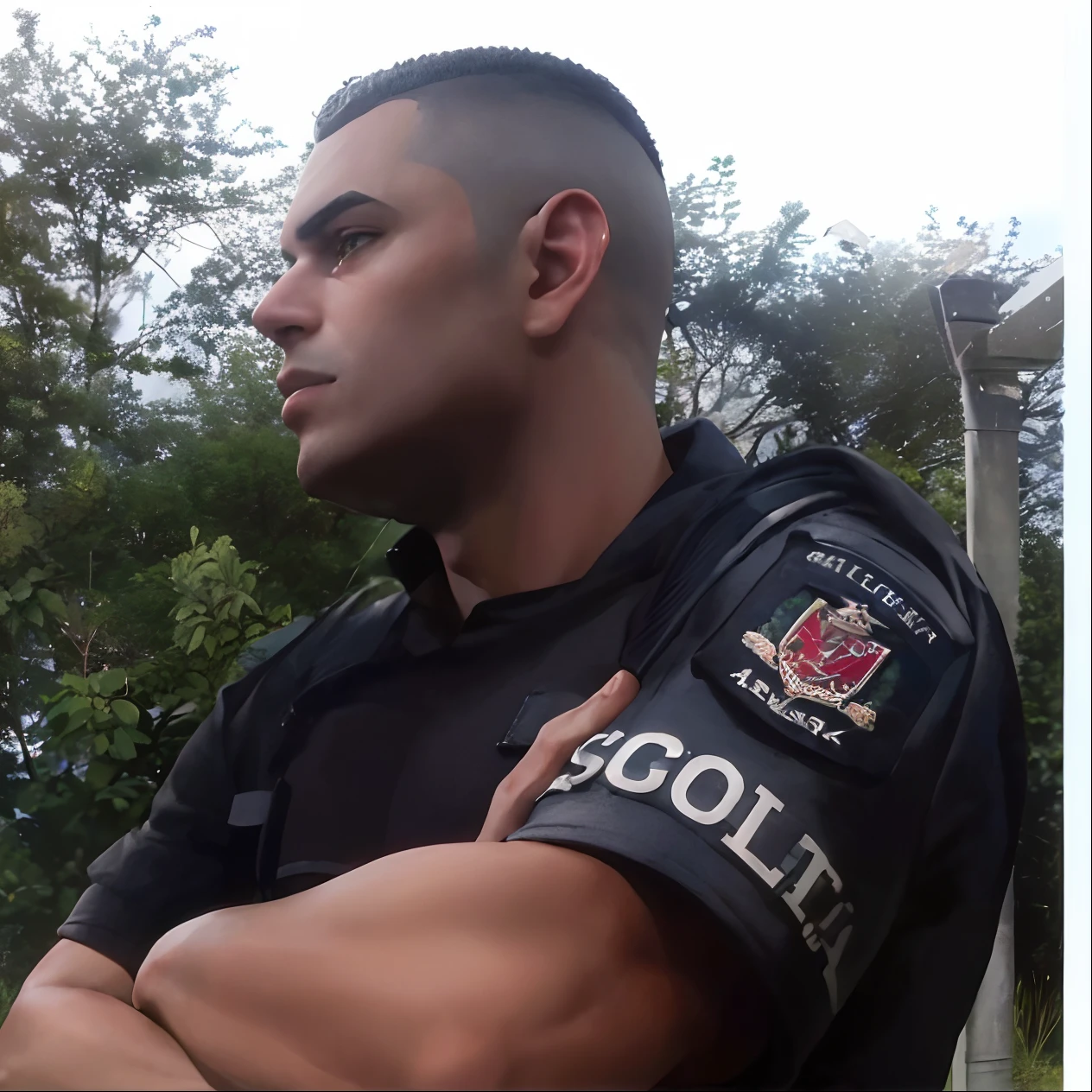 arafed man in a black shirt and a police uniform, scoia'tael), donoto giancola, joseph moncada, security agent, salustiano garcia cruz, edu souza, ástor alexander, profile image, profile shot, nicola salvior, luiz escanuela, foto realista, eloy morales, policeman, andrea rocha