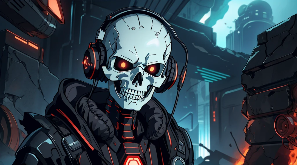 Close up portrait ((1 Mechanical Skull in Headphones)),(((Masterpiece))), ((Best Quality)), (Super Detail), (CG Illustration), (Very Evil and Beautiful)), Cinematic Light, Single, (Mechanical Art: 1.4),expressionless, ( Science Fiction,Horror, Apocalypse, Ruins, , Cruelty, Absurdity, , Fusion with Machines, Doomsday Time, Super Future, Inorganic, Laboratory, Restraint, ), Vibrant color scheme