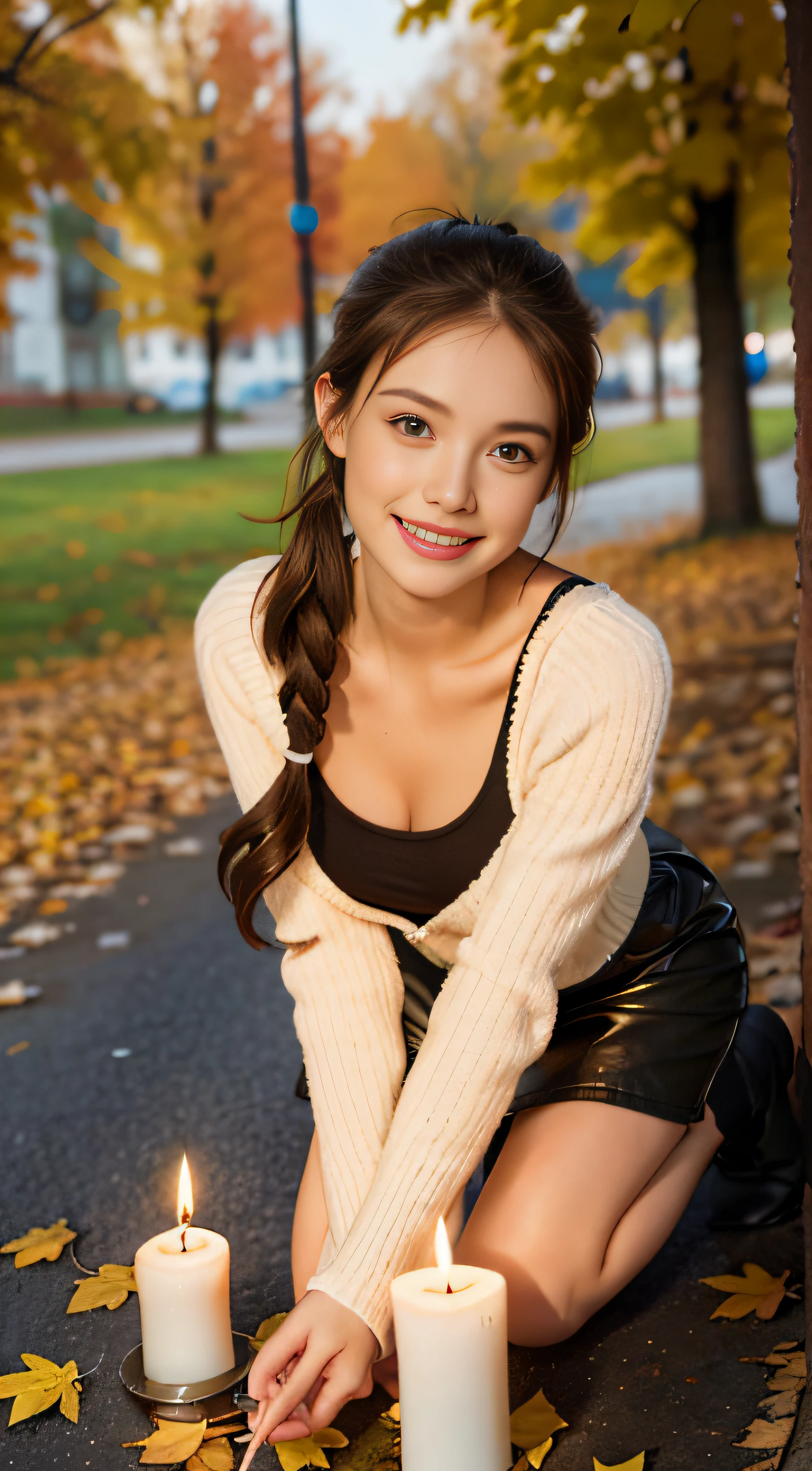 1 pretty girl，white skinned，brown  hair，looking at viewer, beautiful medium chest, Russia, pony tail, happy smile, kneeling, candles, autumn vibe