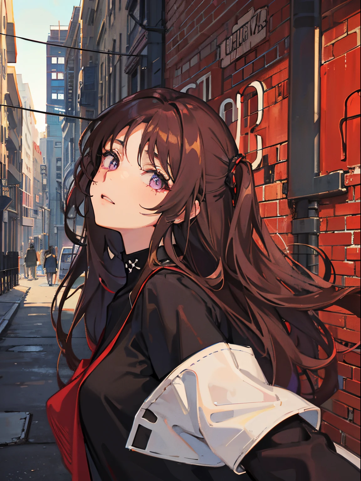 Hip Hop Fashion、Oversized clothes、high-level image quality、Brown hair long hair、Reddish-purple eyes、Back alleys in New York、Brick wall、Street art graffiti on the wall、Dark Tone, Vibrant colors、Bust-up shot, Delicate drawing、